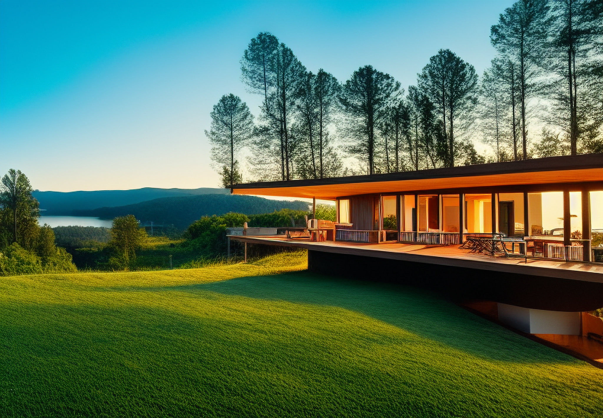 Modern luxury villa overlooking lake at sunset.