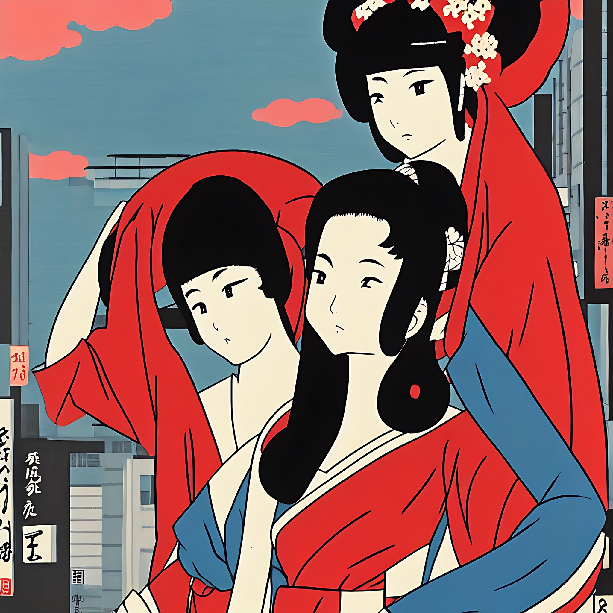 Anime-style geishas in red and blue kimonos against a Tokyo cityscape.