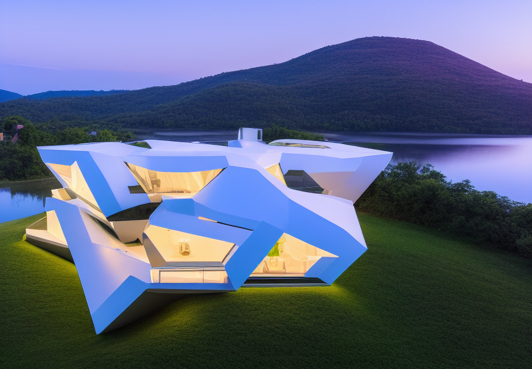 Modern, angular, white villa lit at dusk on a grassy hill overlooking a lake and mountains.