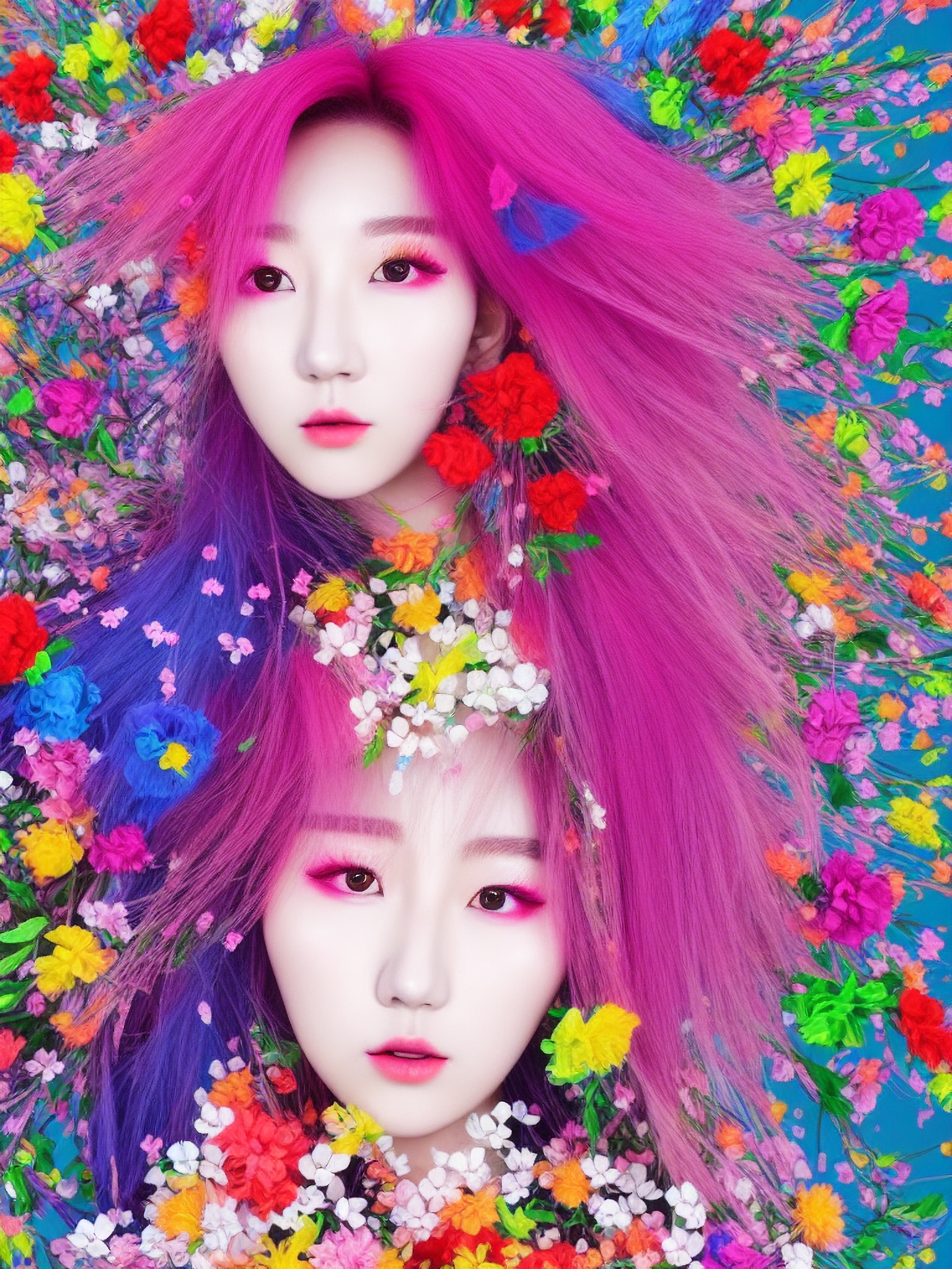Two women with vibrant pink and purple hair surrounded by colorful flowers.