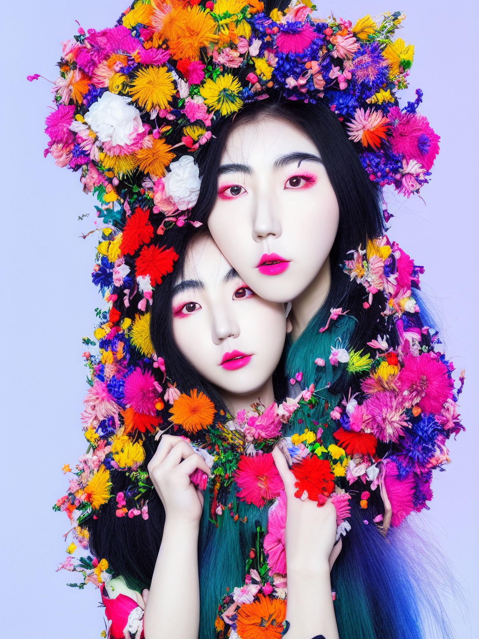 Two women with vibrant flower crowns and teal hair.