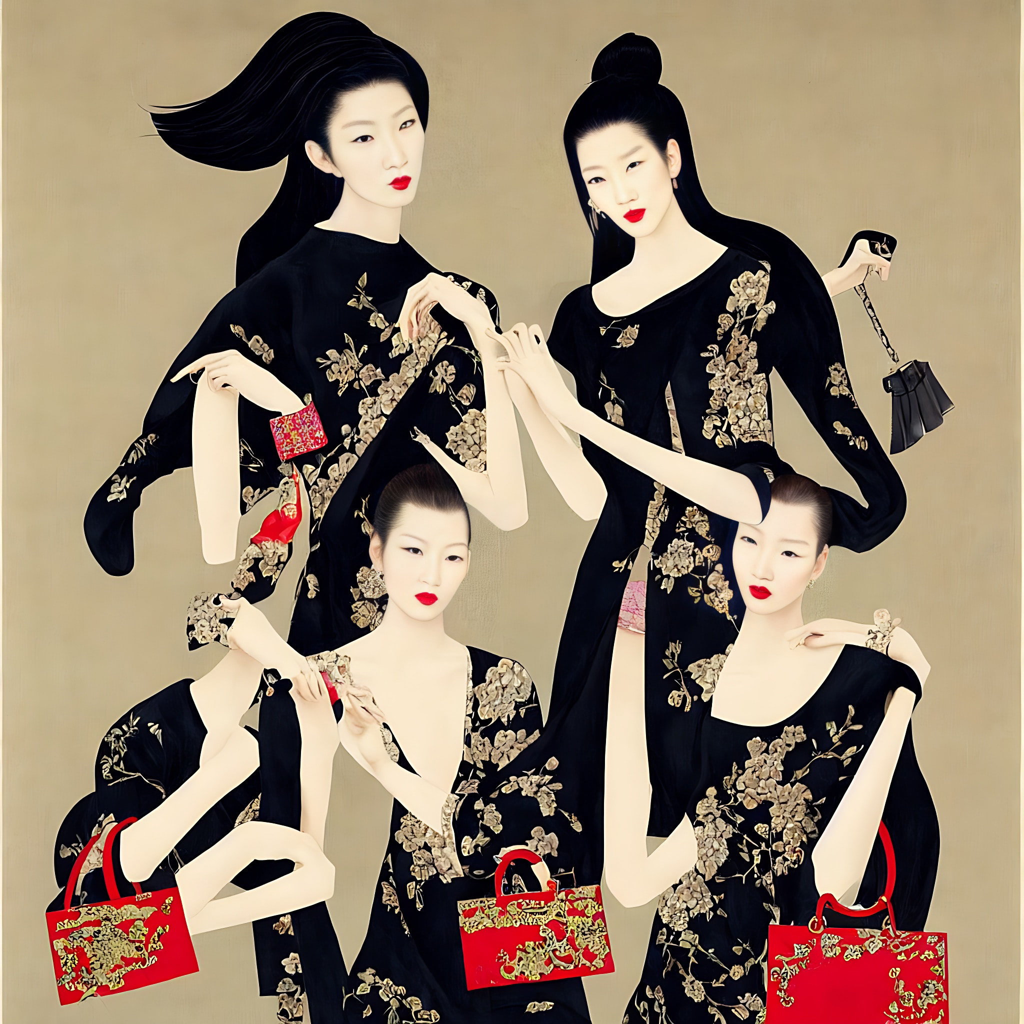 Four Asian women in black floral dresses and red handbags, in a Baroque style.