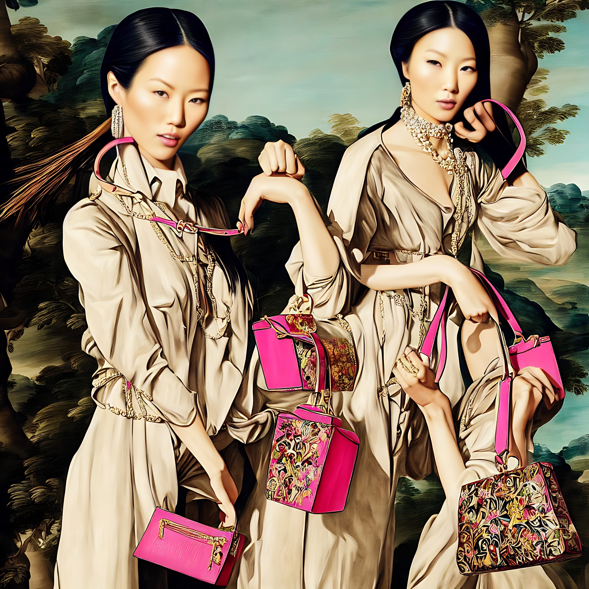 Two Asian women in Baroque-style clothing model vibrant pink handbags.