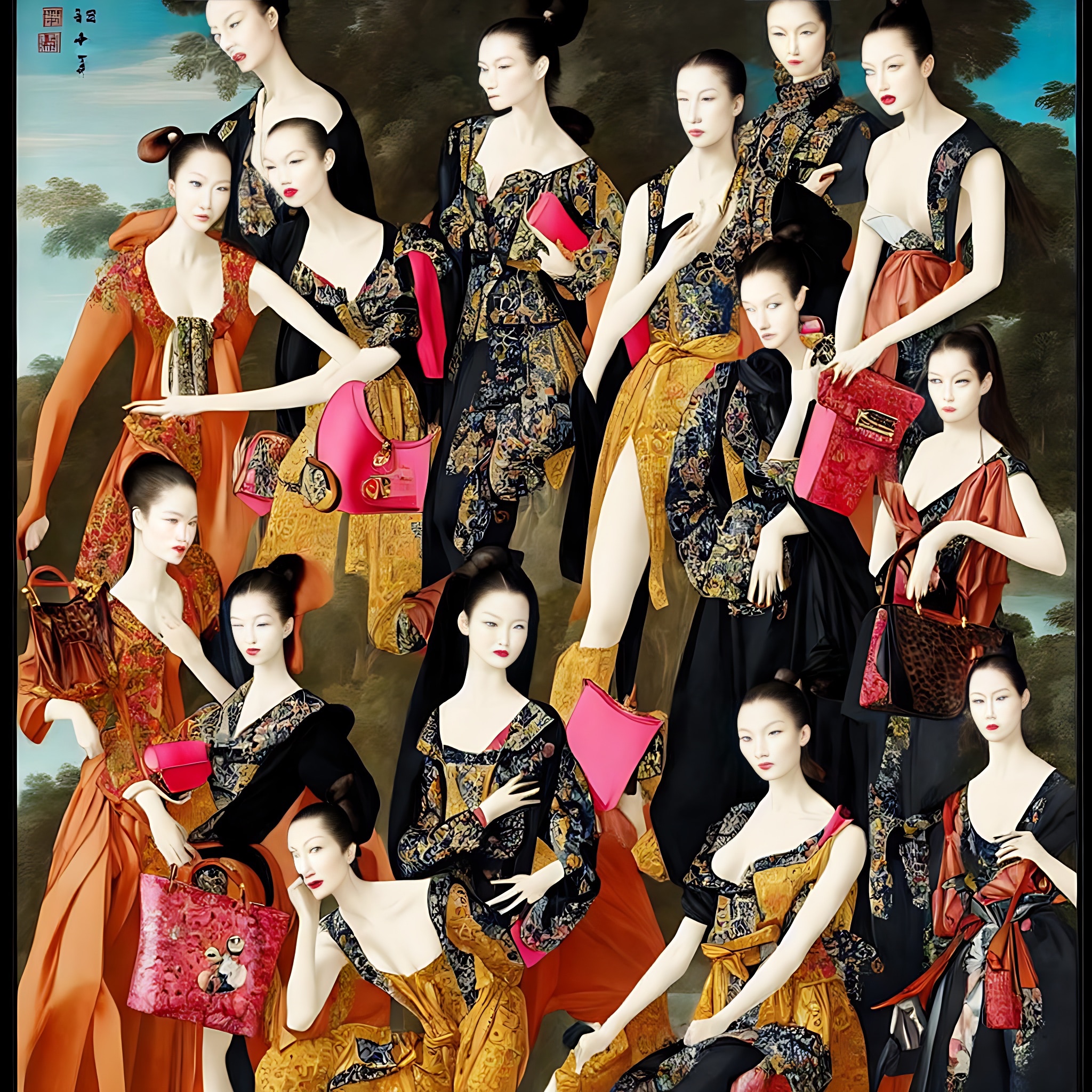 Group portrait of Asian women in Baroque-style clothing, holding purses and handbags.