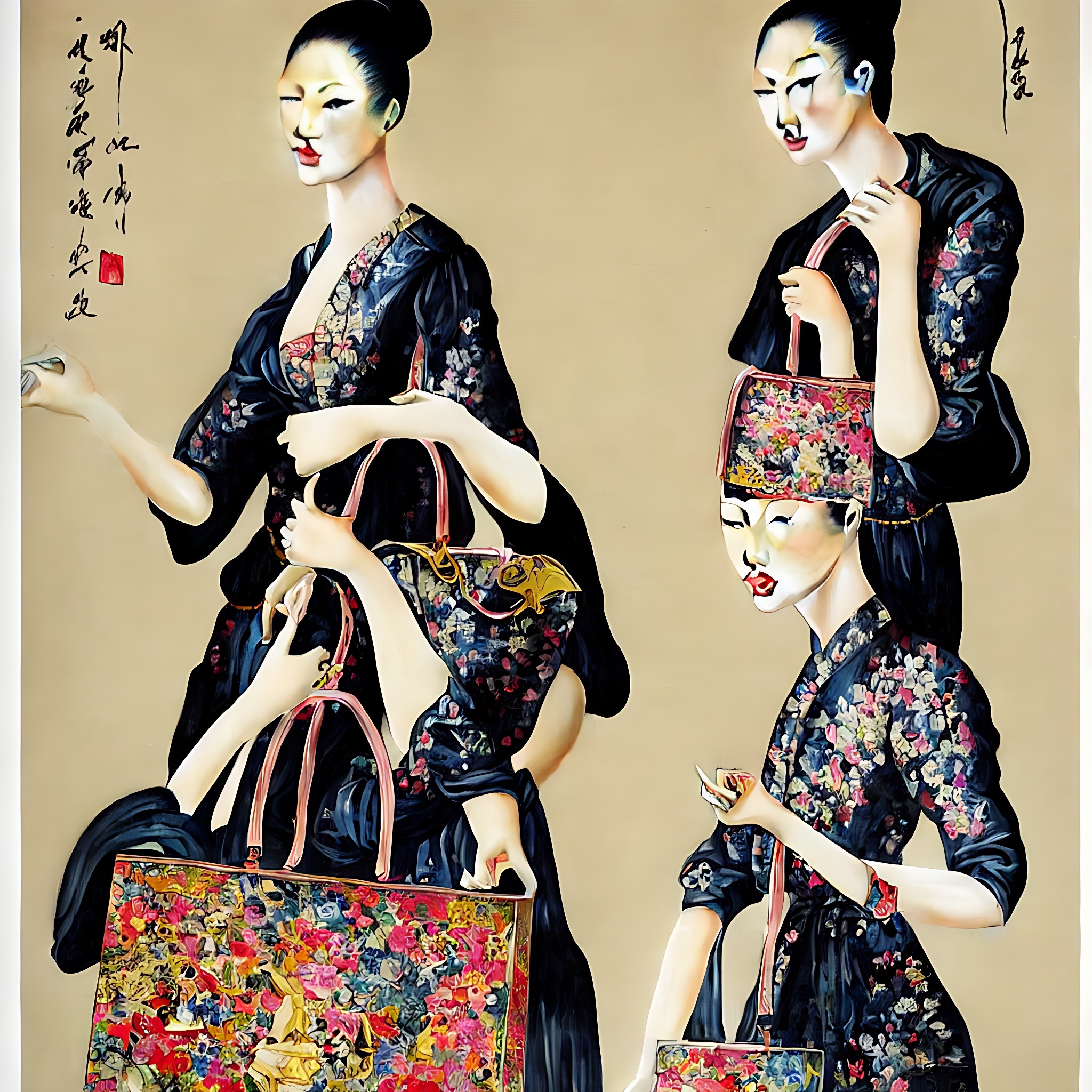 Baroque-style painting of Asian women in floral dresses holding colorful handbags.