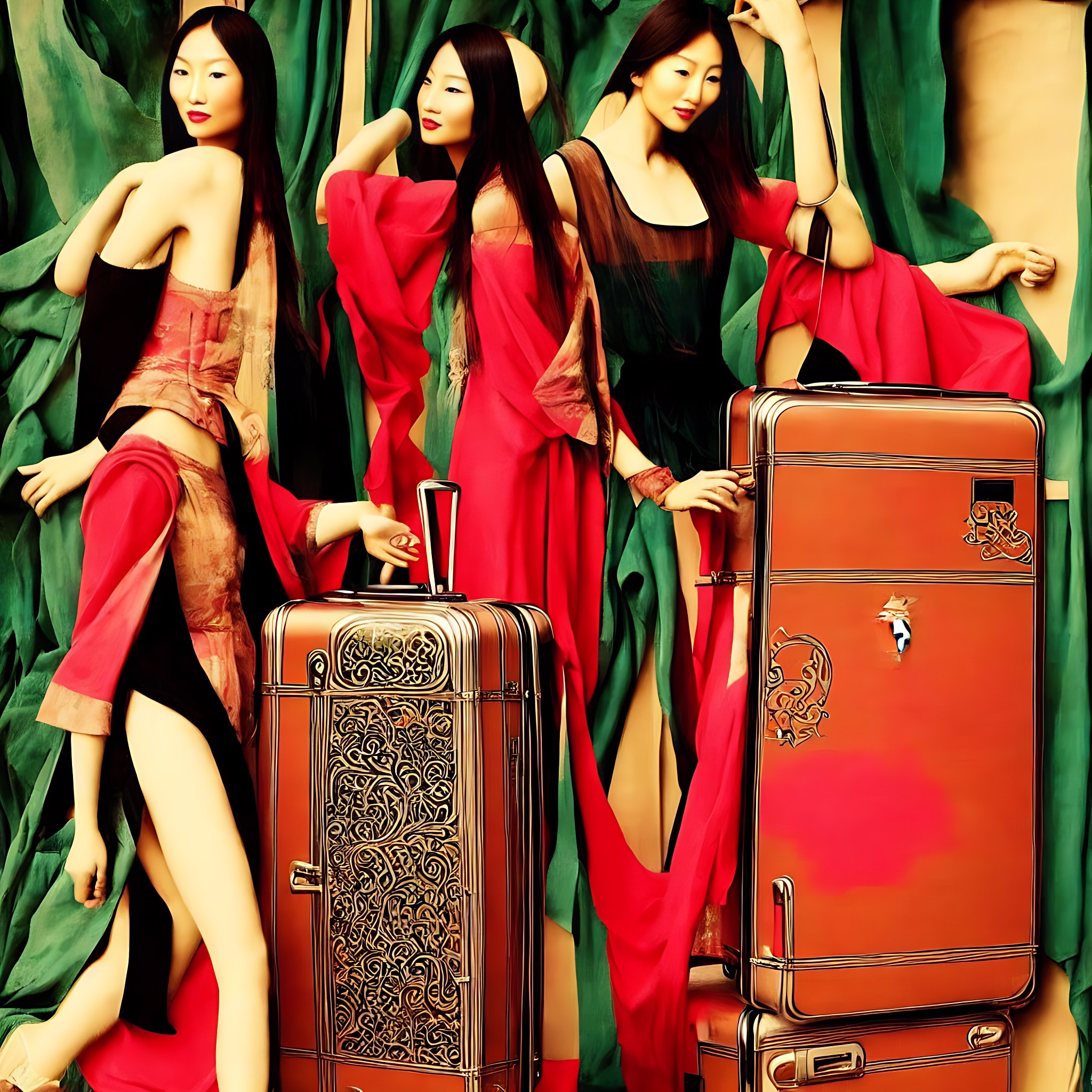 Three Asian women in red and green clothing pose with ornate suitcases.
