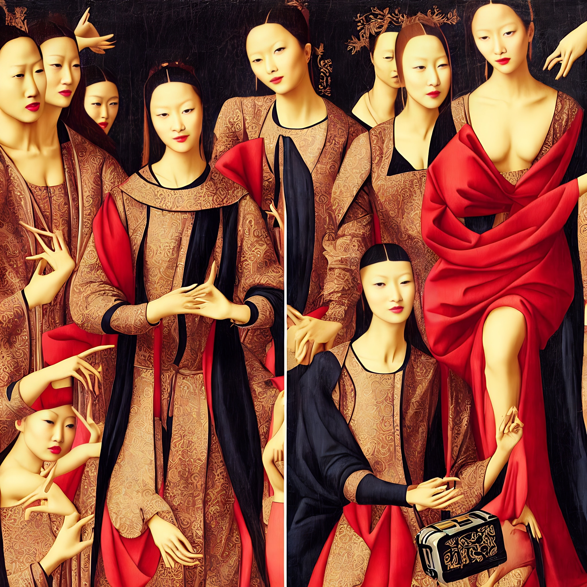 Renaissance-style painting of Asian women in ornate gold and red clothing.