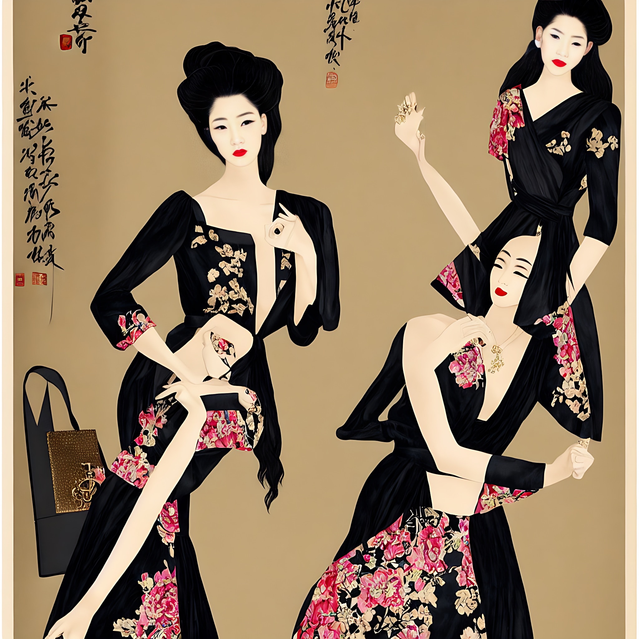 Advertisement featuring three Asian women modeling black floral dresses and handbags.