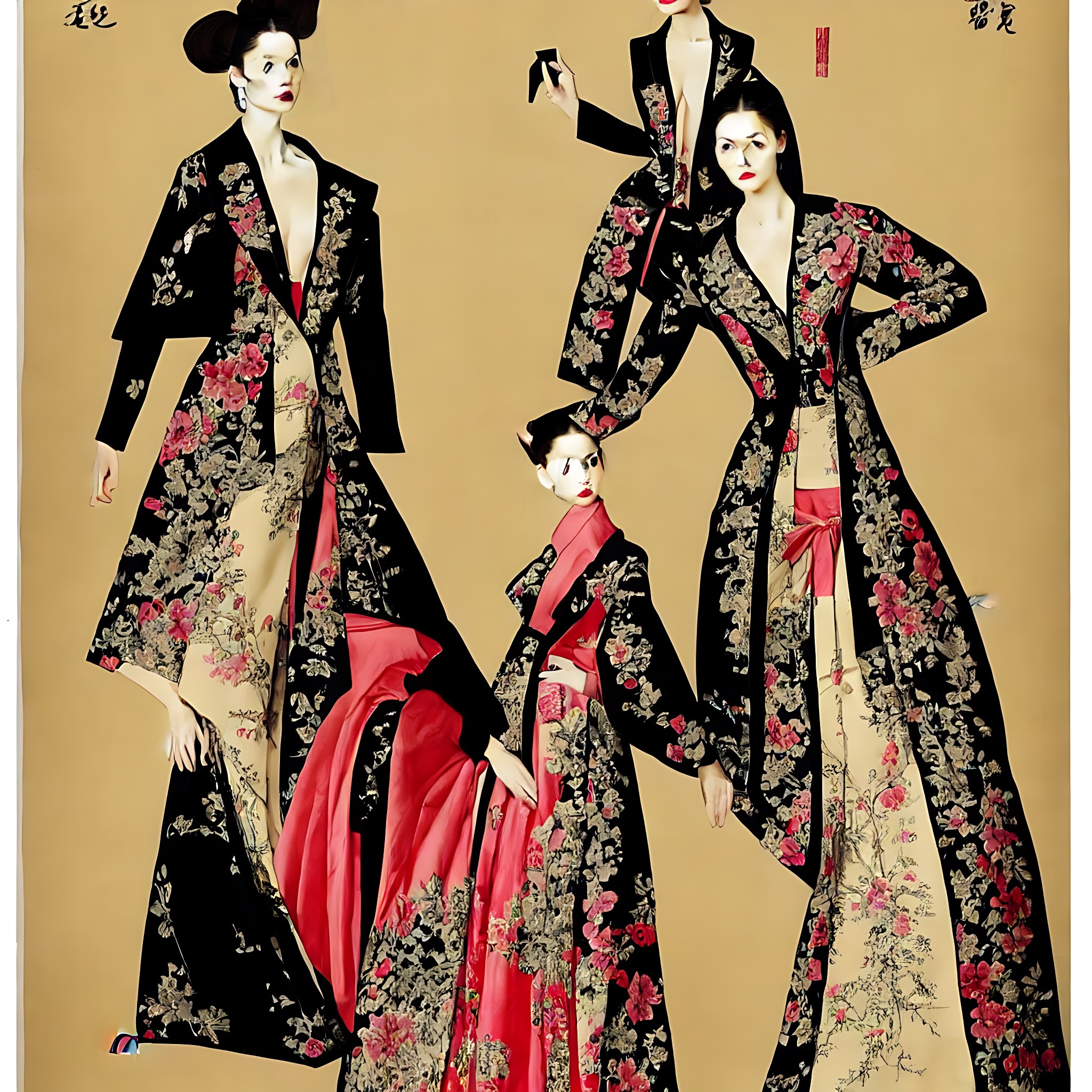 Fashion advertisement featuring a Caucasian model in a floral-print black and beige dress.