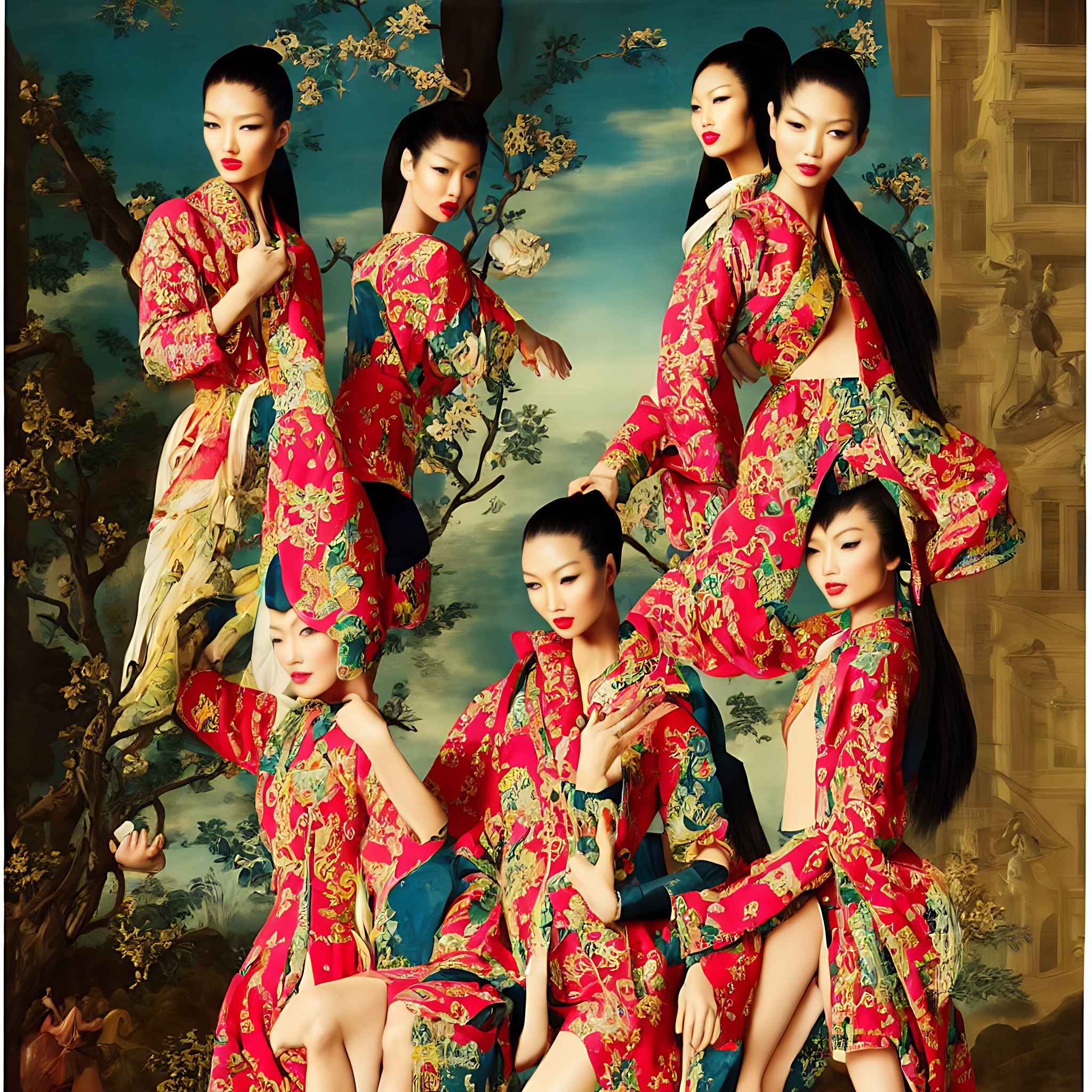 Multiple Iranian models in red floral patterned robes against a painted backdrop.