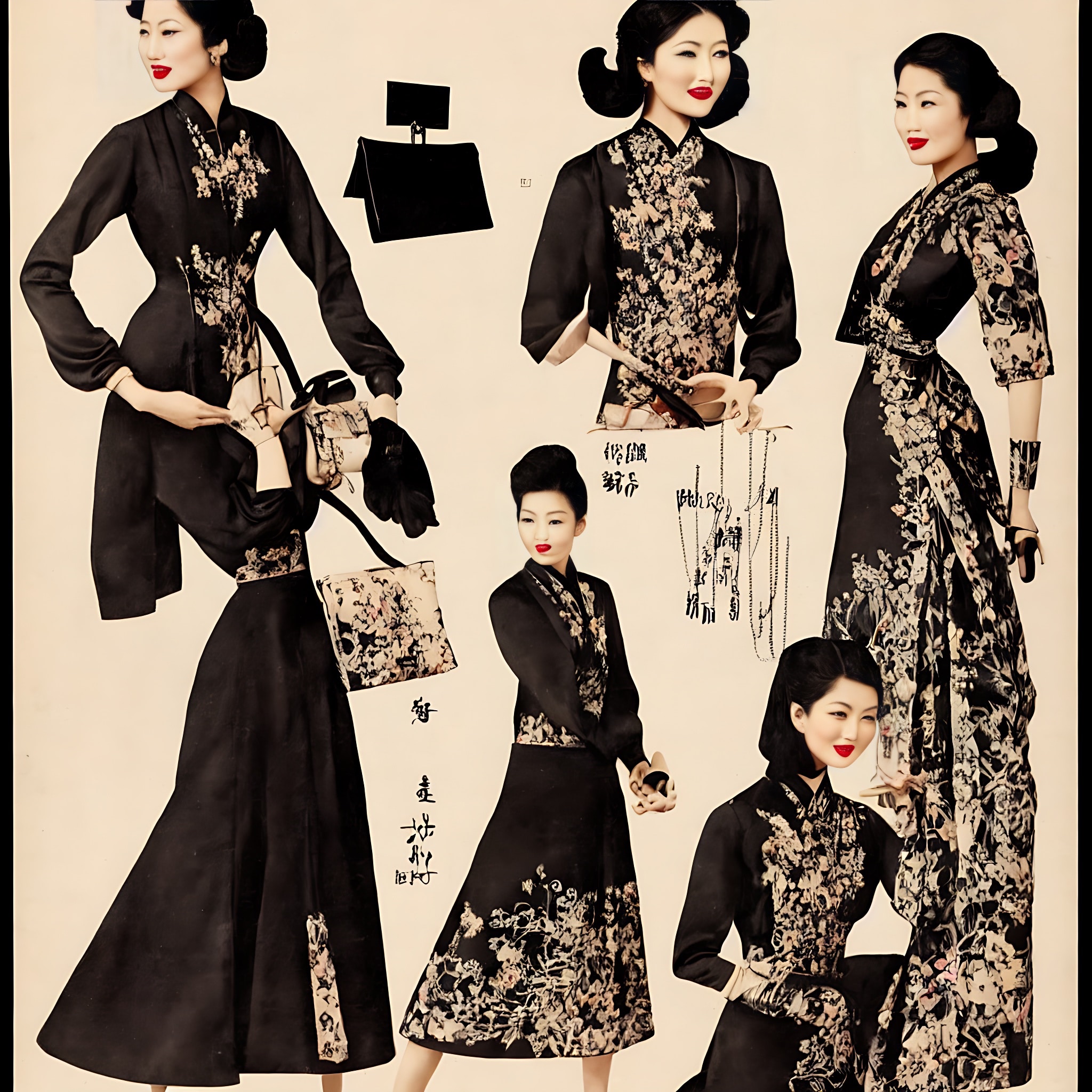 1900s Asian fashion advertisement featuring models in black dresses with floral accents and various handbags.
