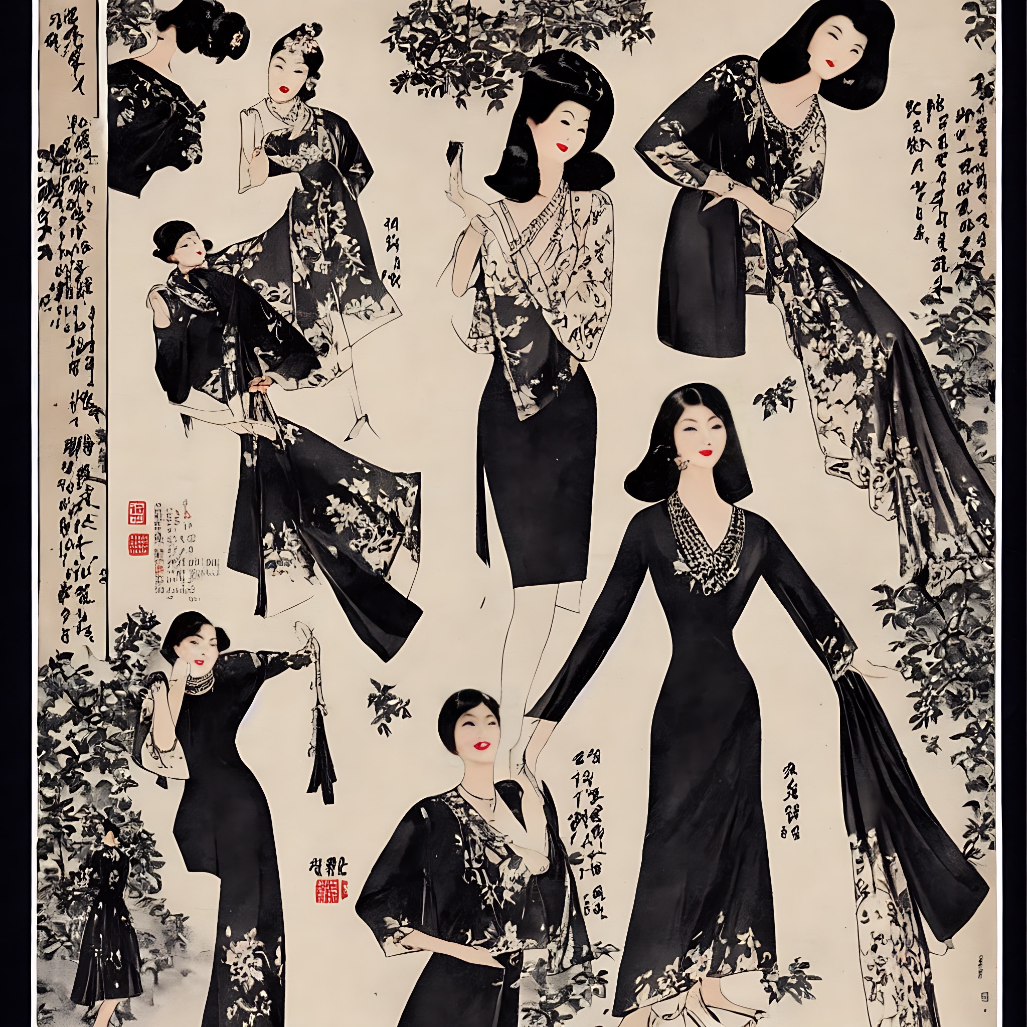 1910s Asian fashion advertisement featuring women in black and white dresses.