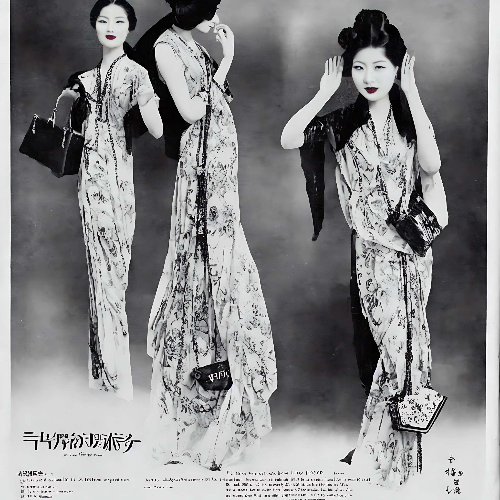 Black and white 1910s advertisement featuring three Asian women modeling floral print dresses and carrying handbags.