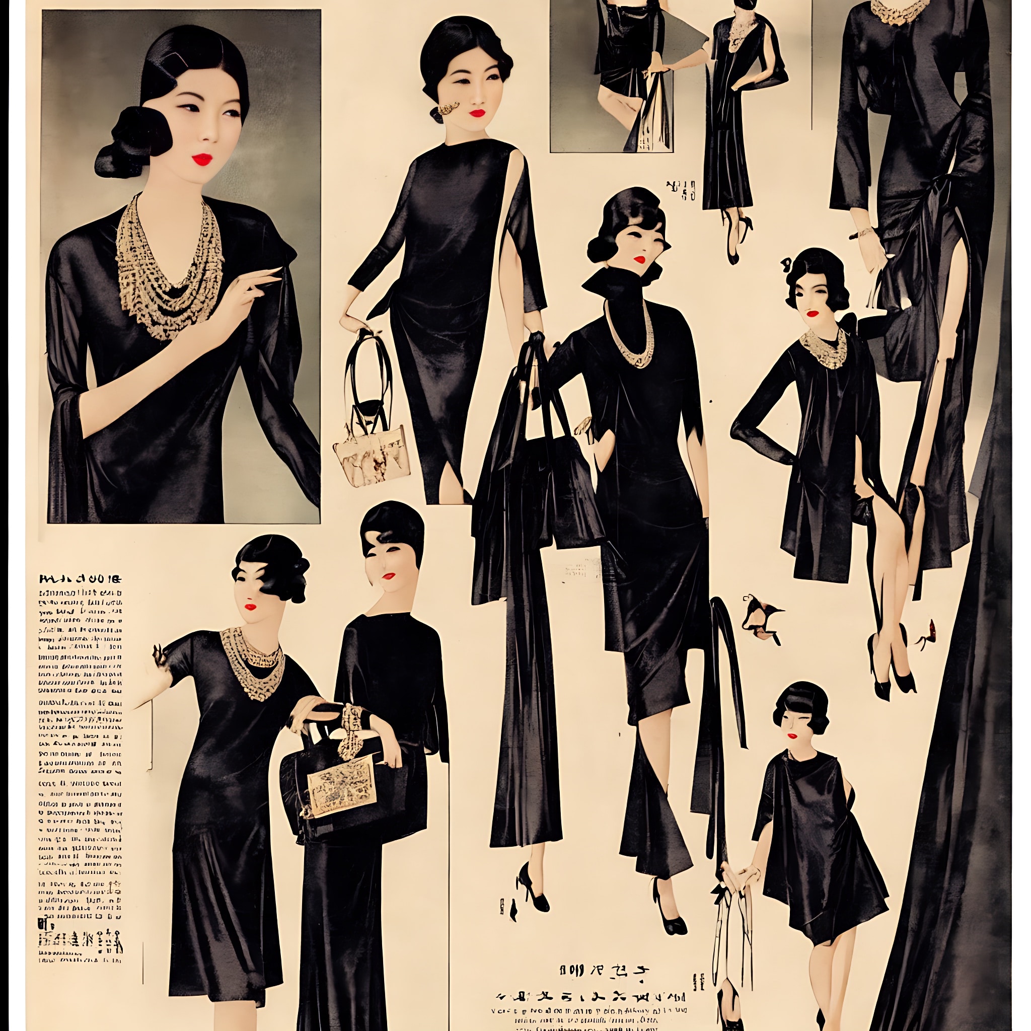1920s Asian fashion advertisement featuring women in various black dresses and accessories.