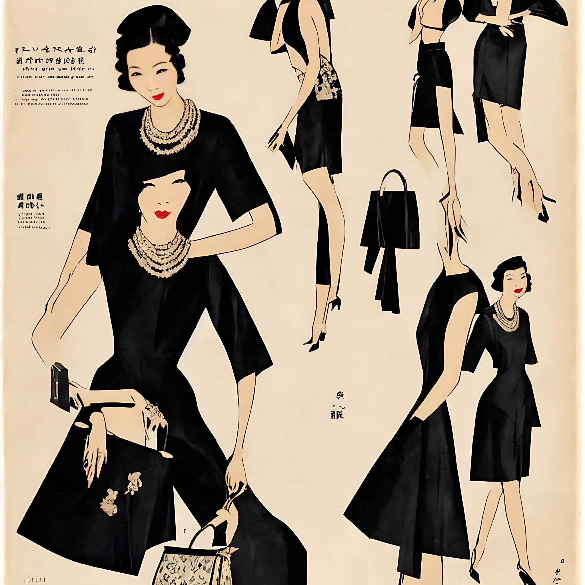 1930s Asian fashion advertisement featuring a woman in a black dress and various other black outfits.