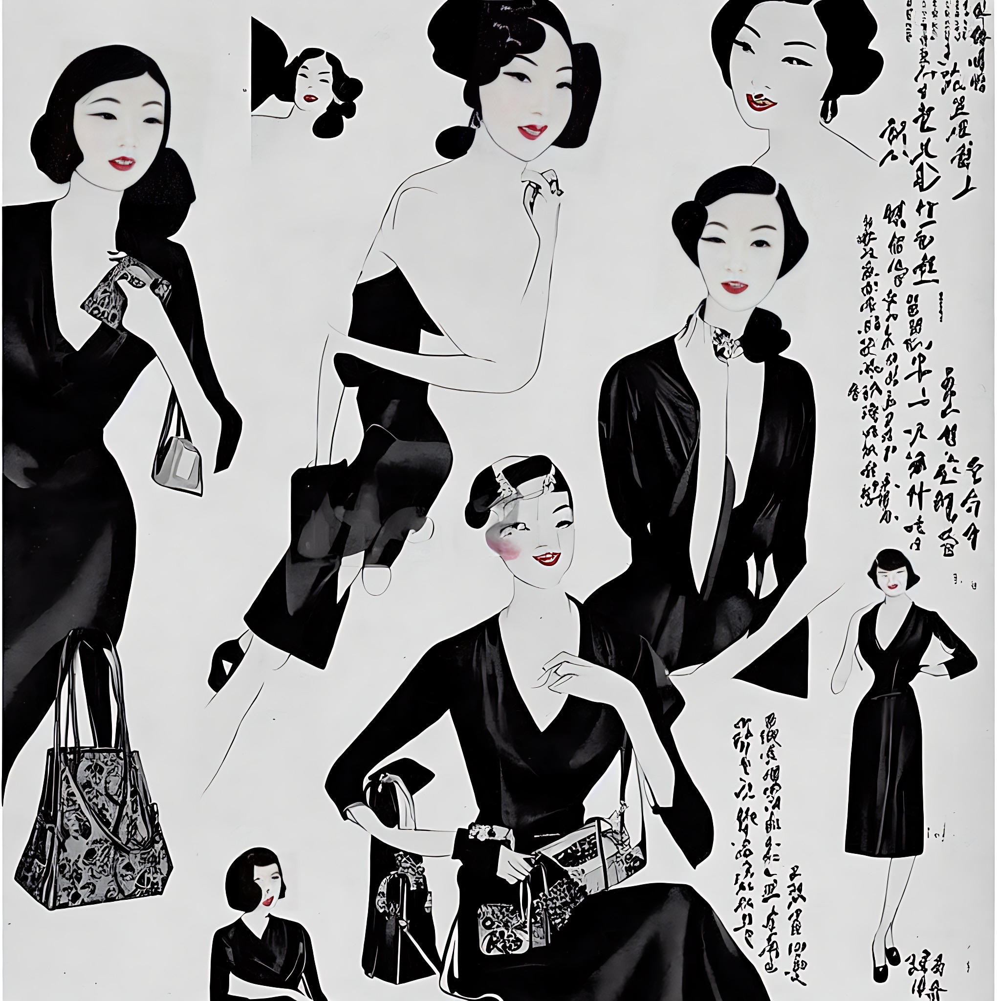 1930s Asian fashion advertisement featuring women in black dresses and handbags.