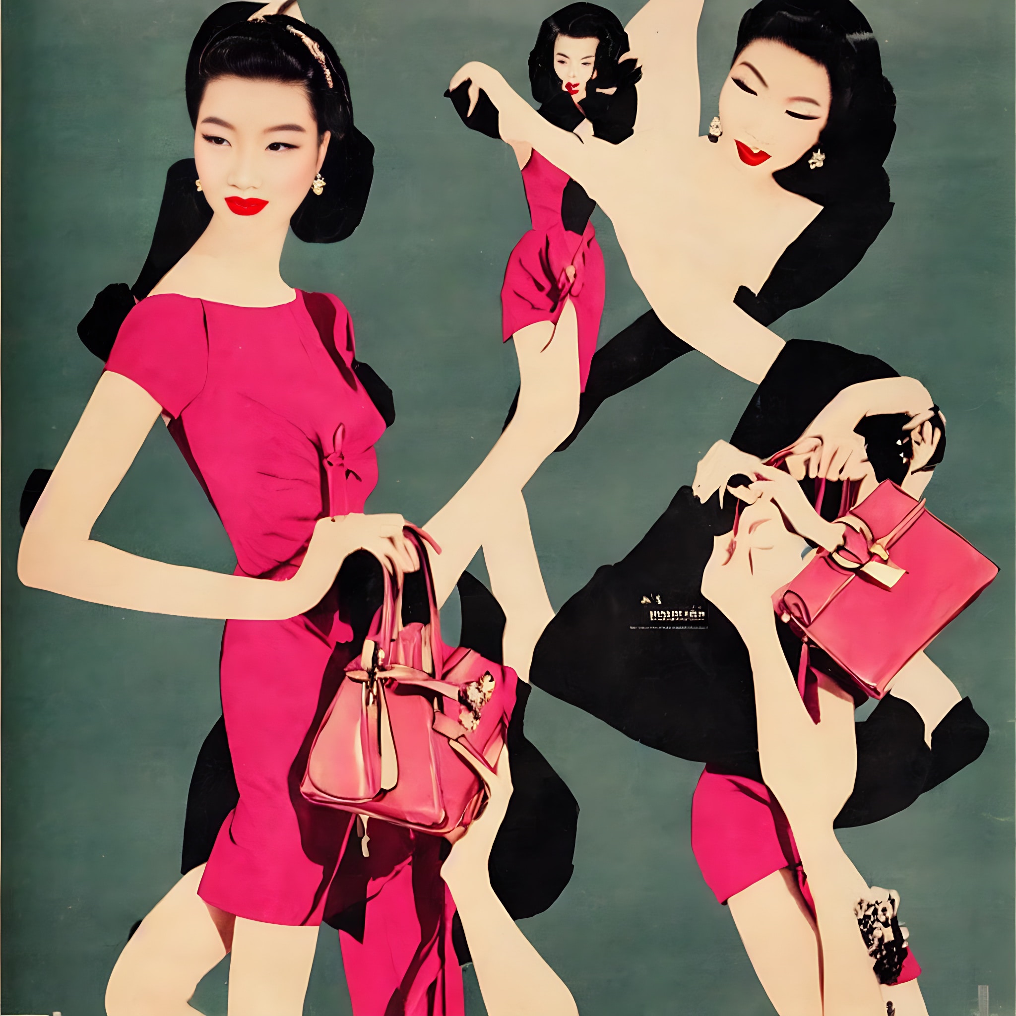 1950s Asian fashion advertisement featuring a woman in a pink dress and carrying a pink handbag.