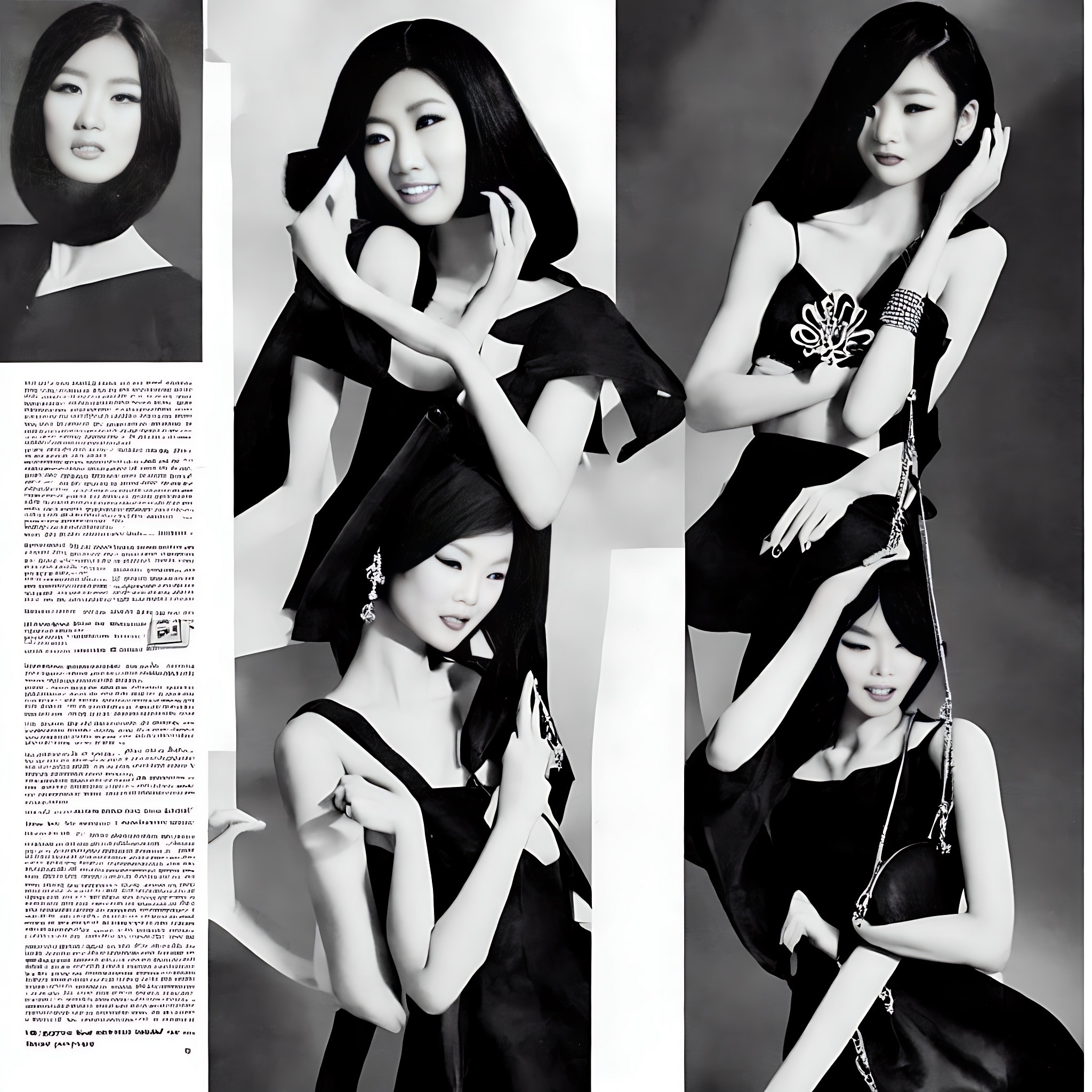 Black and white Asian fashion advertisement featuring four models in black dresses.