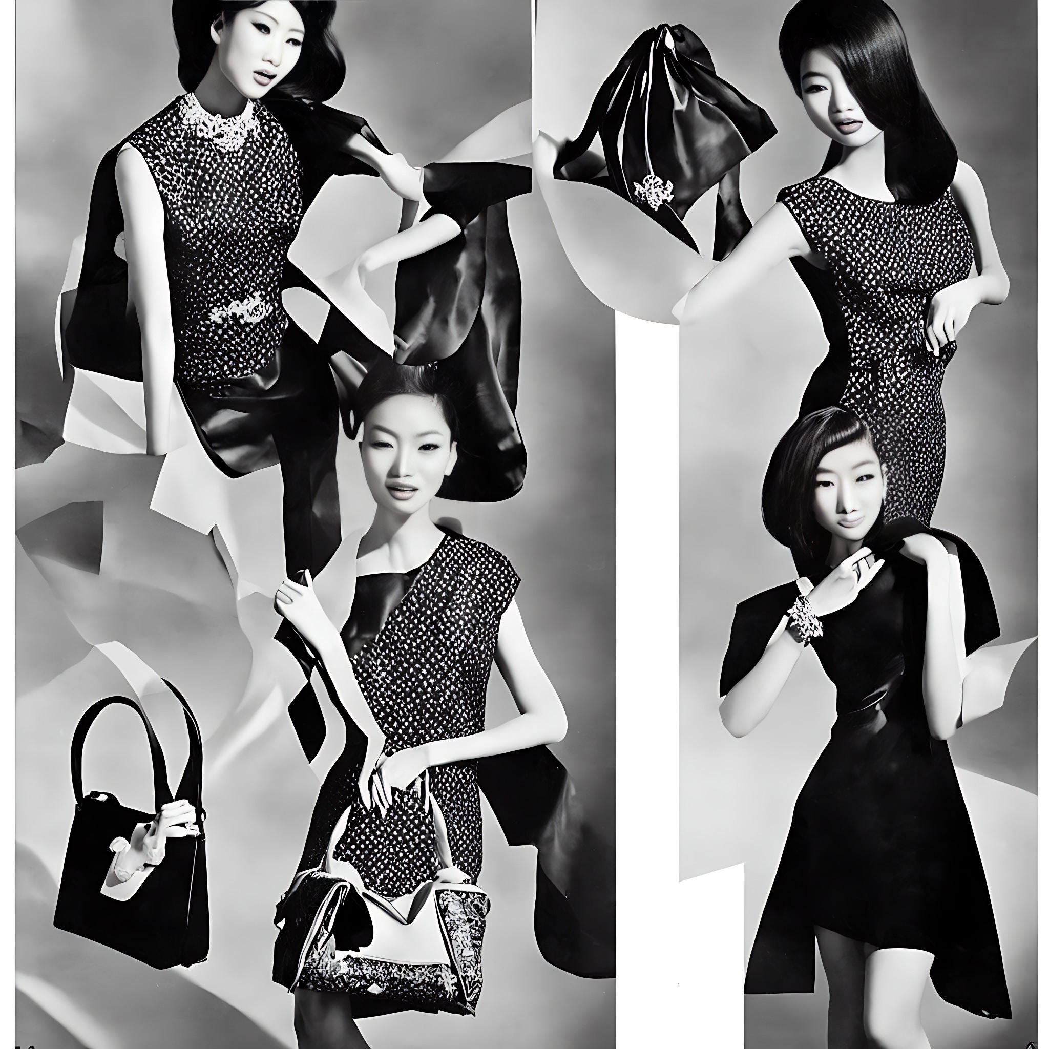 Black and white photo of four Asian women modeling 1960s fashion.