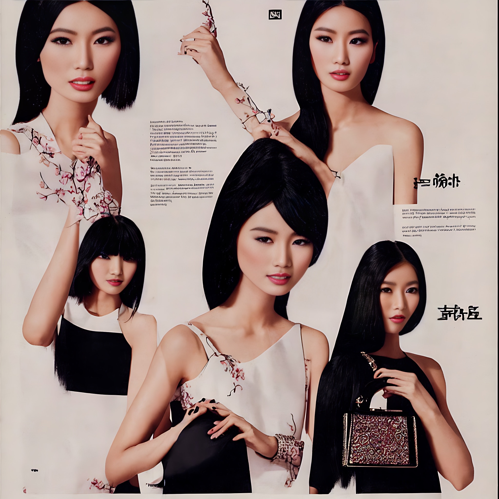 Collage of Asian women modeling fashion in a 1970s-style advertisement.