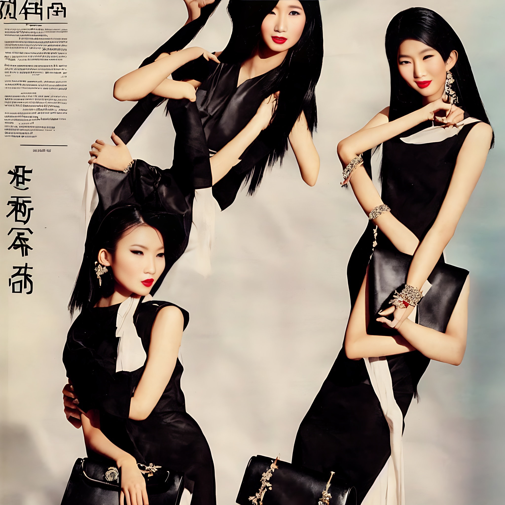 Three Asian women in black dresses and accessories in a fashion advertisement.