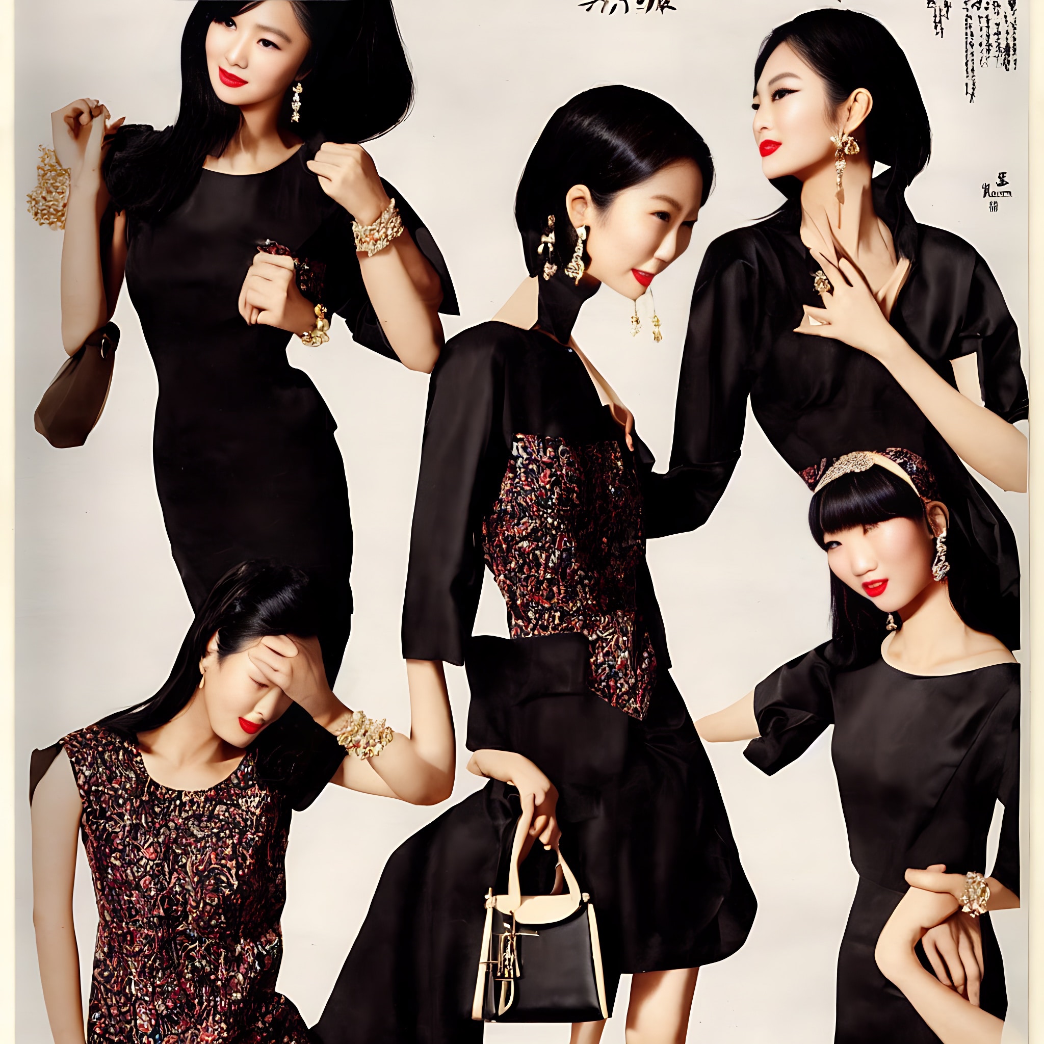 Four Asian women model black dresses and accessories in a fashion advertisement.