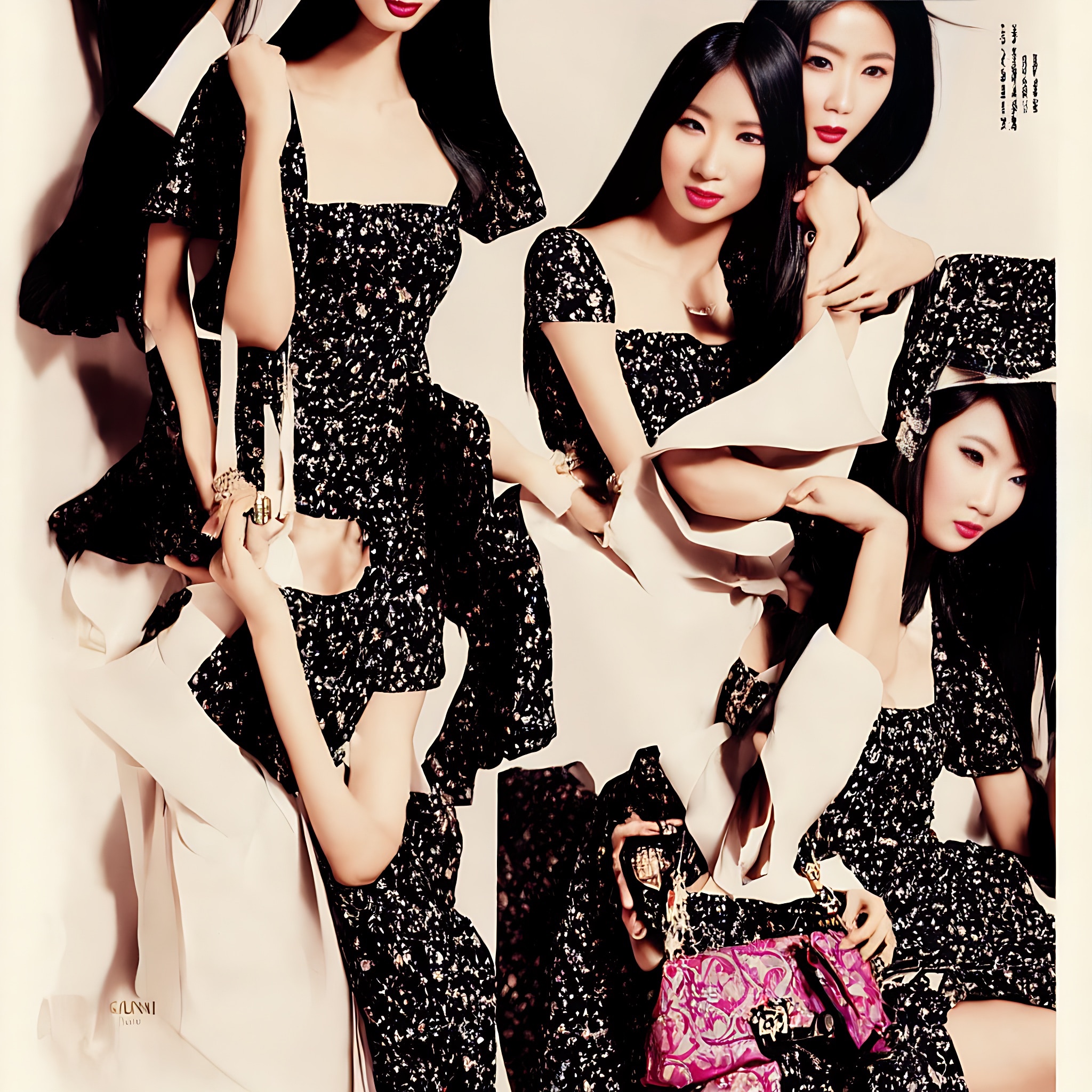 Collage of Asian women modeling a black floral dress and a pink purse.