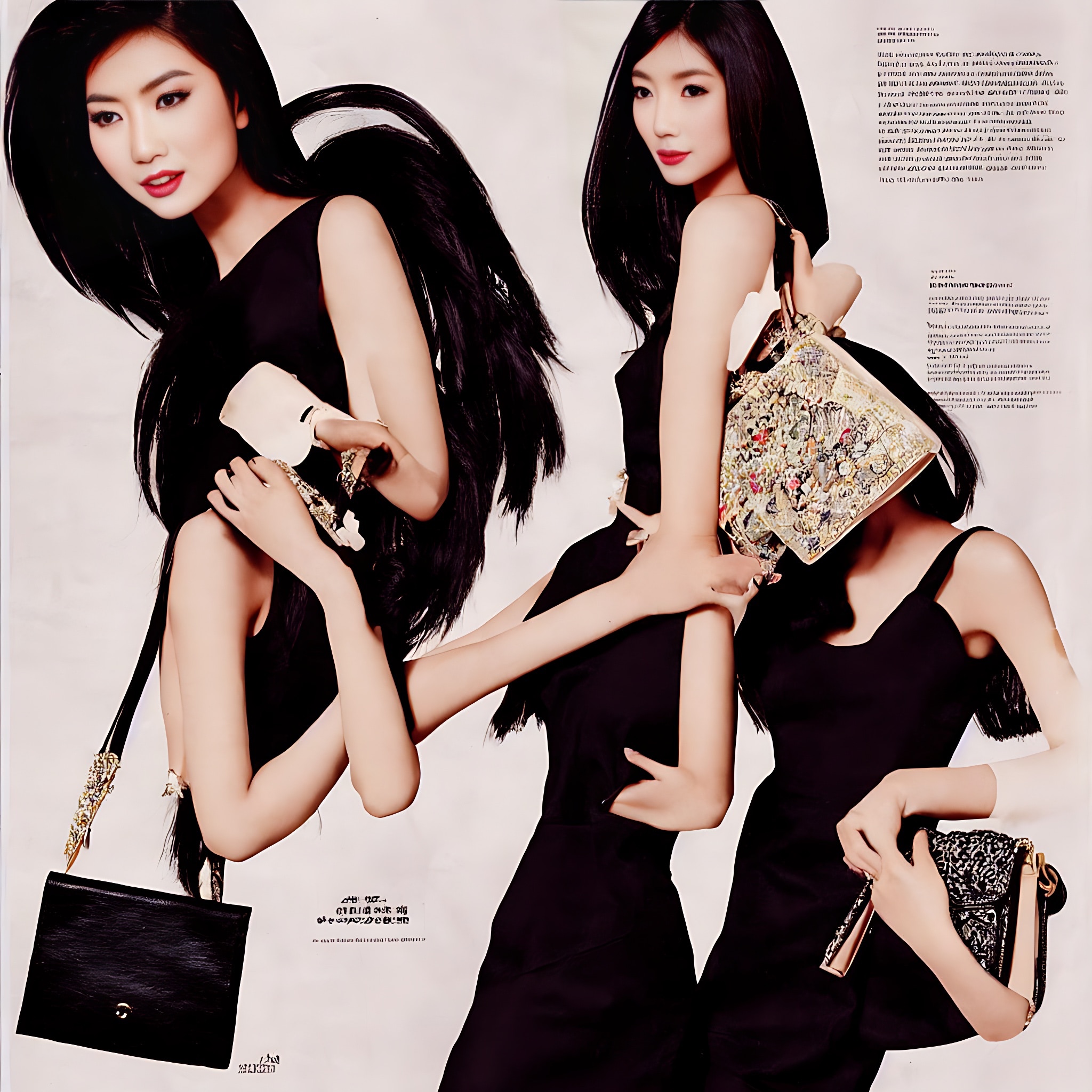 Asian woman in black dress modeling handbags.