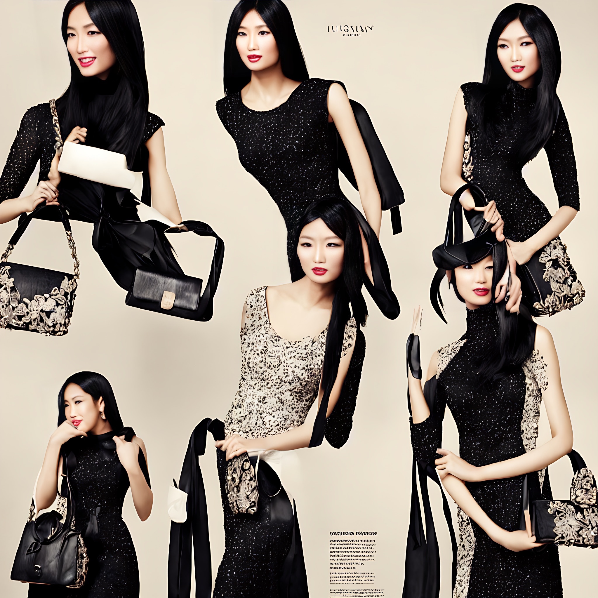 A collage of a fashion advertisement featuring a young Asian woman in various black dresses and handbags.
