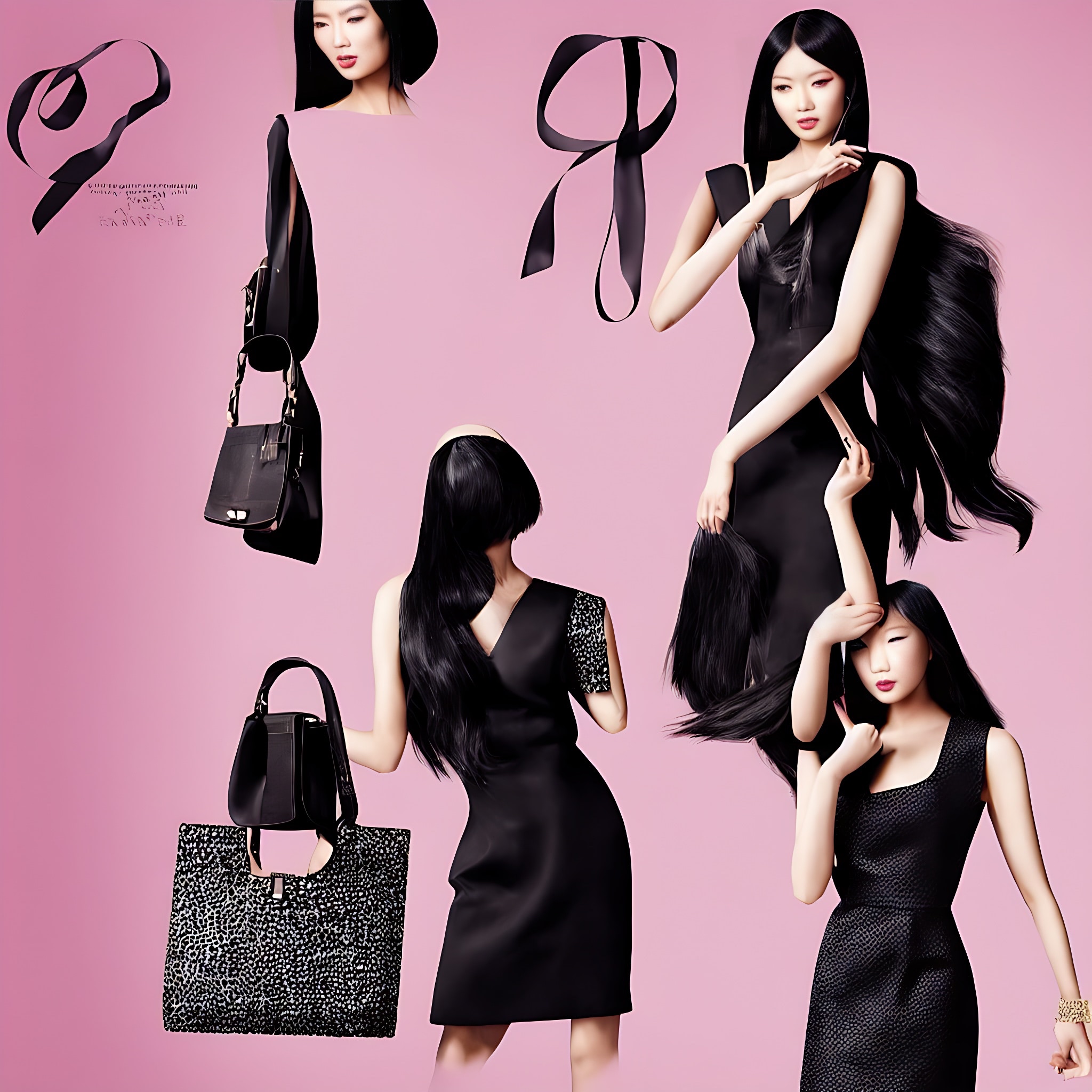 Advertisement featuring Asian models in black dresses and handbags against a pink background.