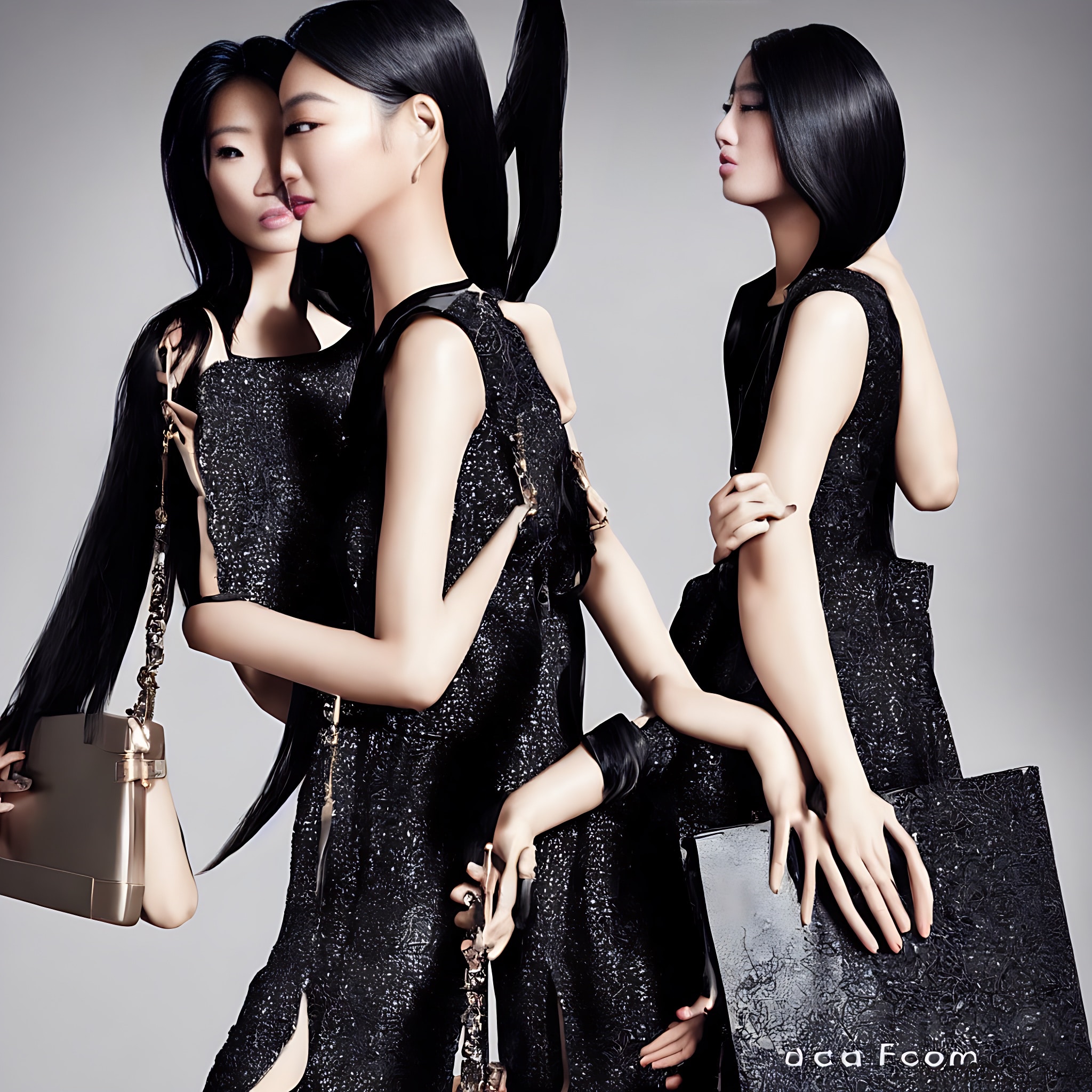 Three Asian women with long black hair model black dresses and accessories in a fashion advertisement.