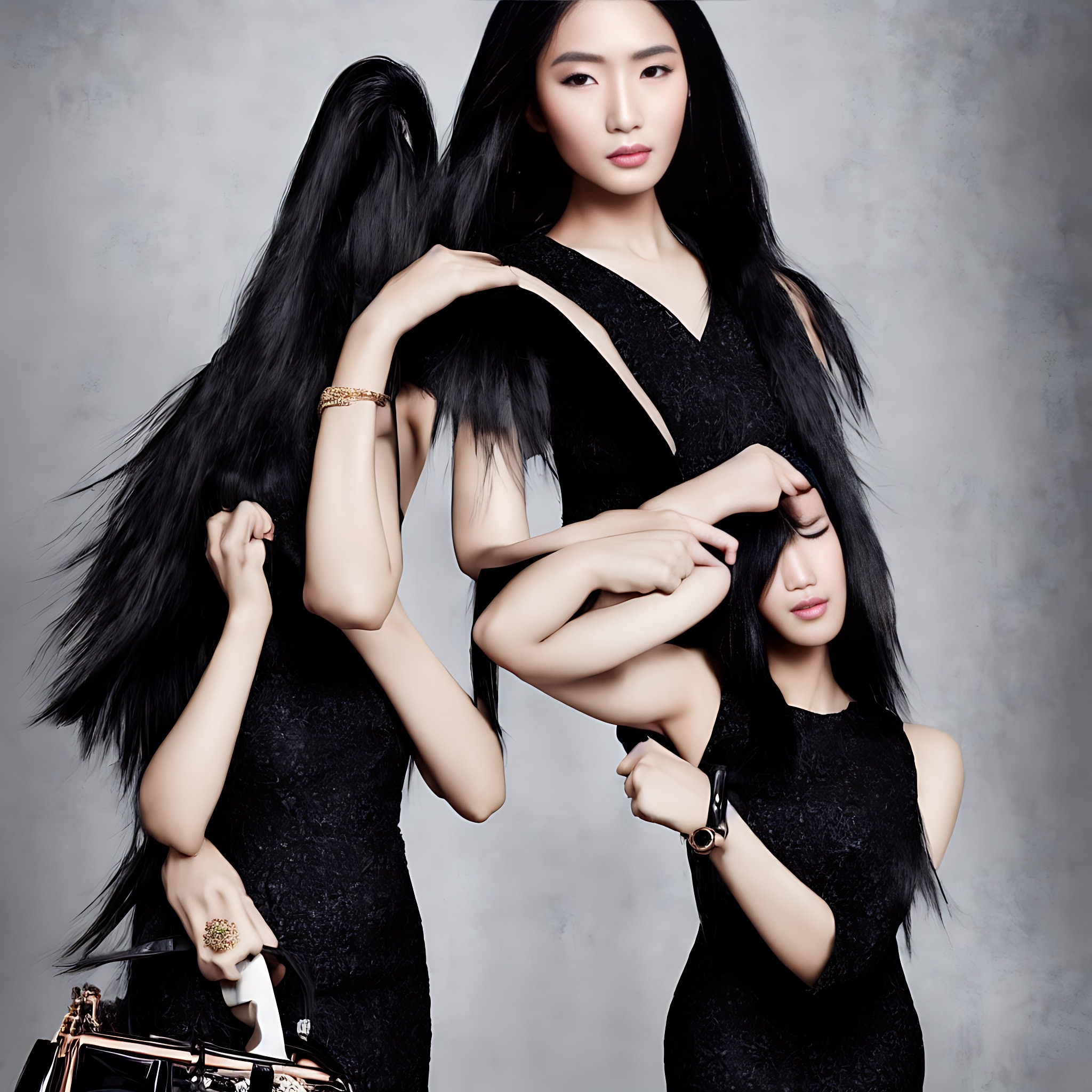 Surreal image of three women with long black hair wearing little black dresses.