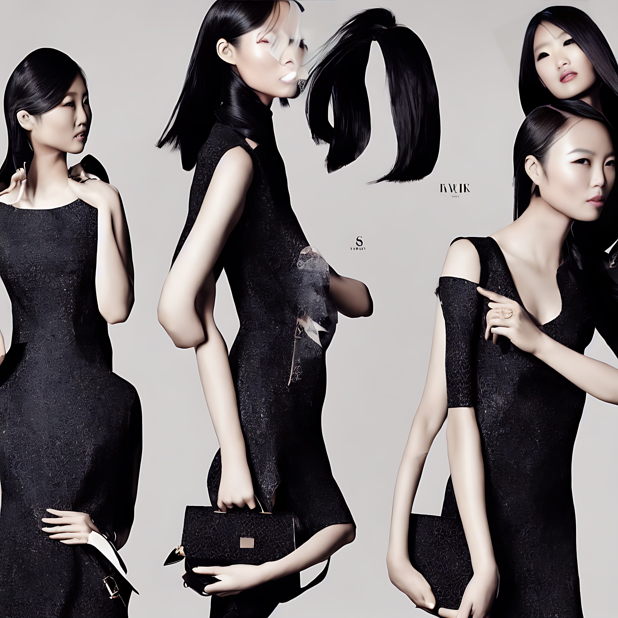 Asian fashion advertisement featuring models in black dresses and carrying black purses.