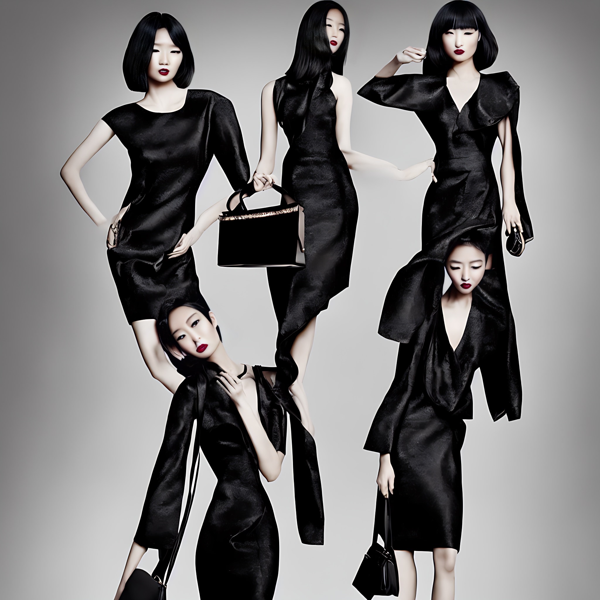 Five Asian women in black dresses and handbags.