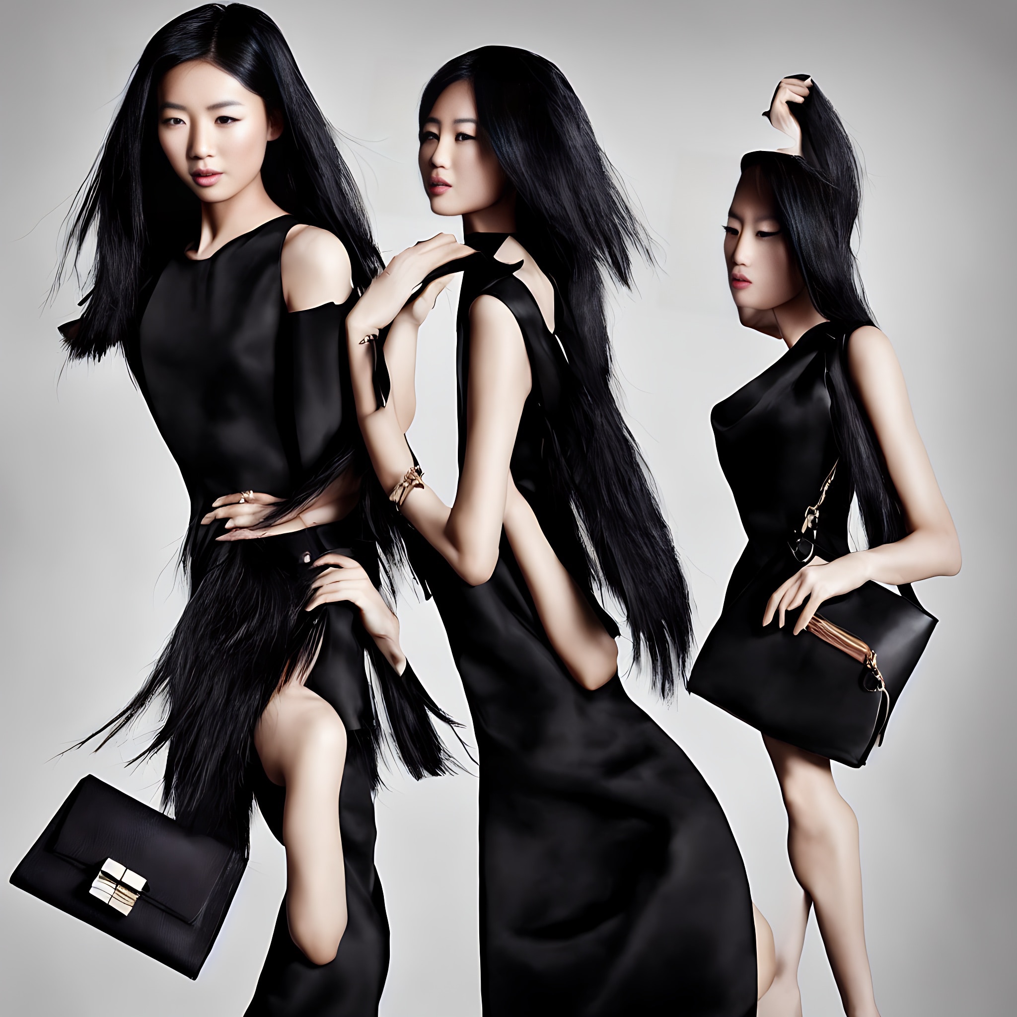 Three Asian women with long black hair model black dresses and handbags in a futuristic fashion advertisement.