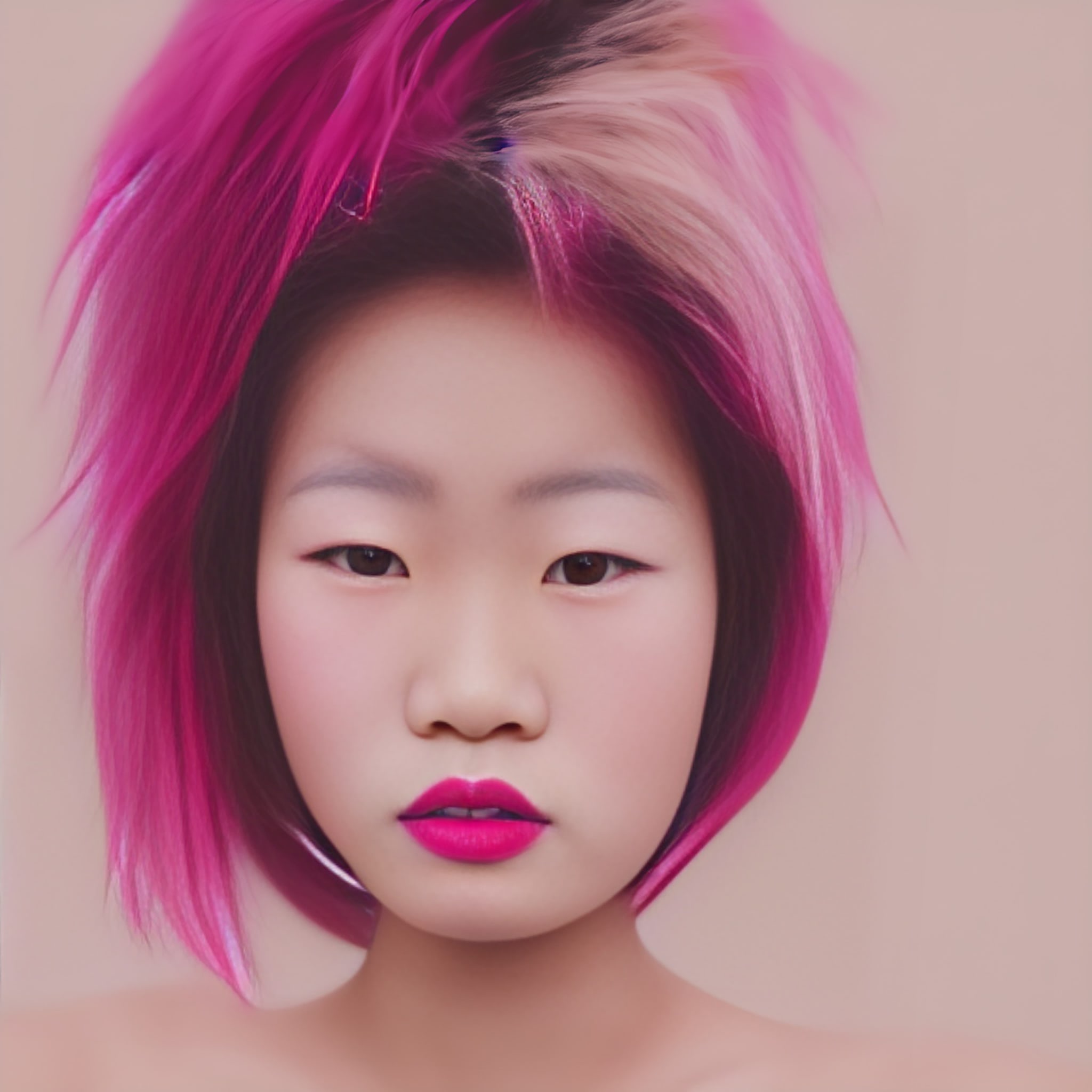 Portrait of a young Asian woman with bright pink and blonde hair.