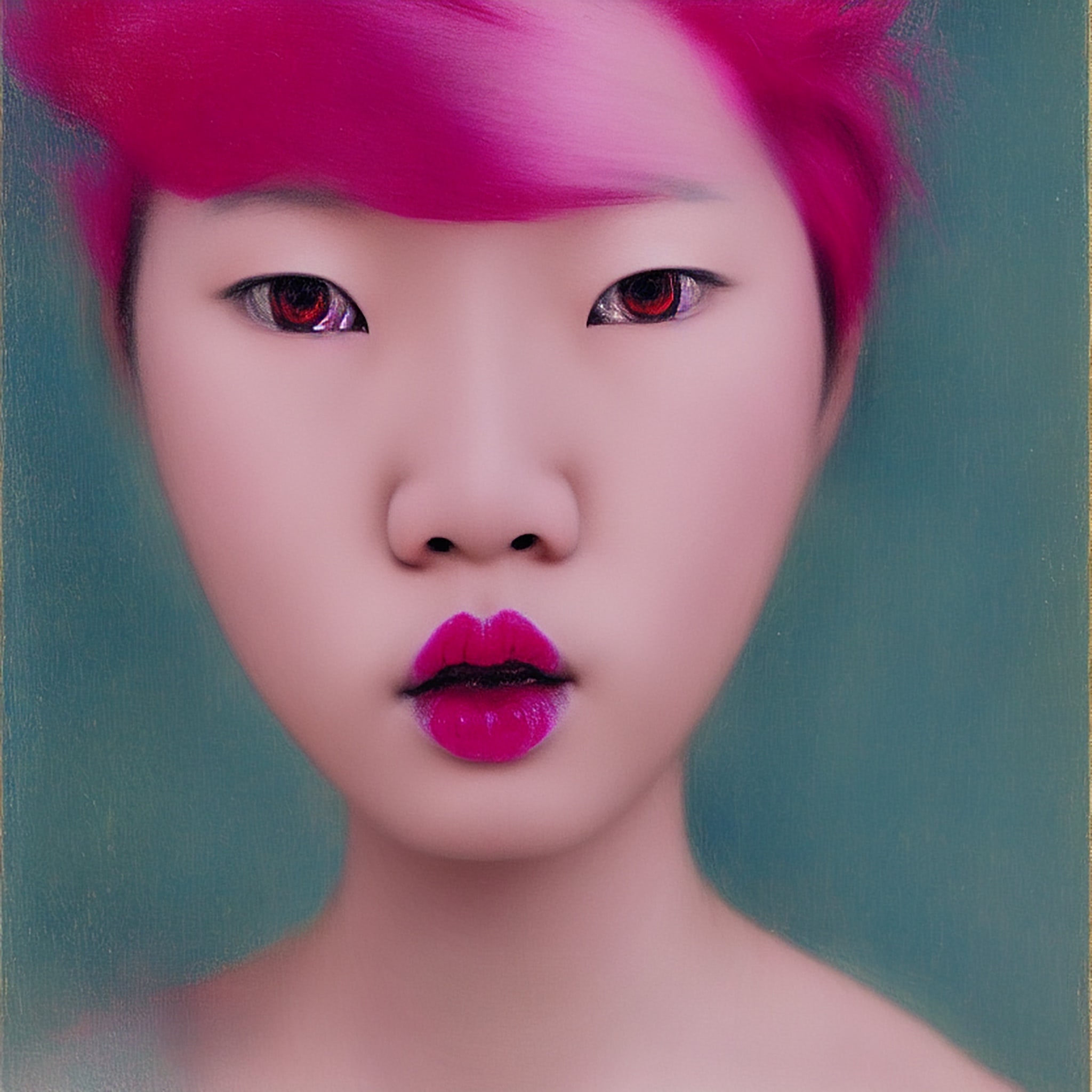 Portrait of a young Asian woman with bright pink hair and red lipstick.