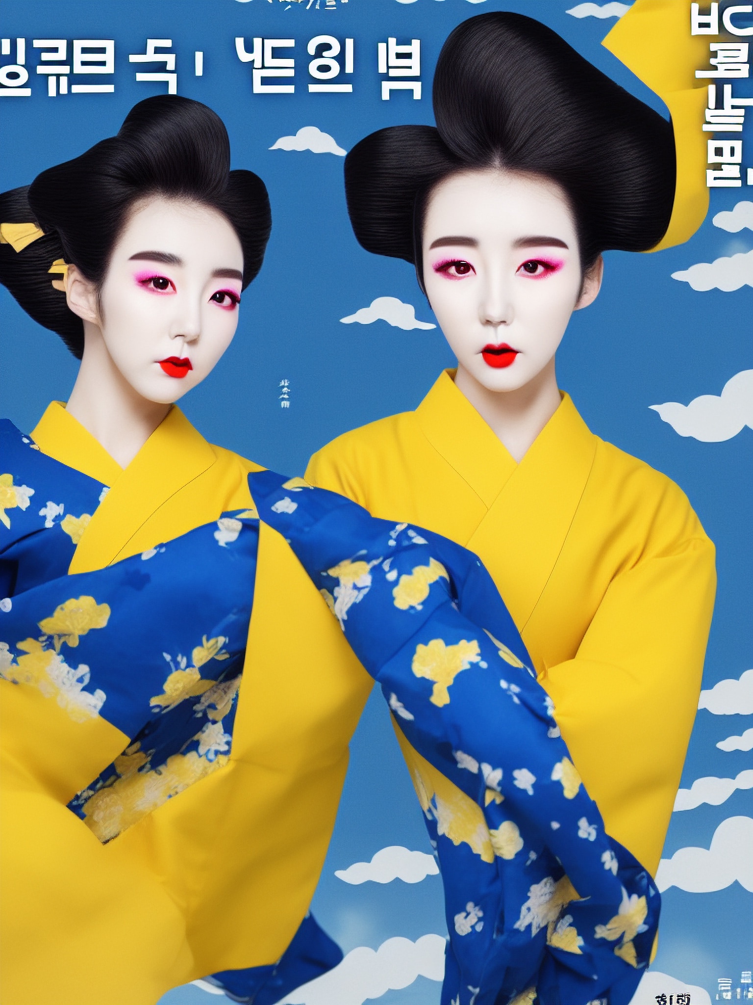 Two women in yellow and blue Asian-inspired outfits against a blue sky background.