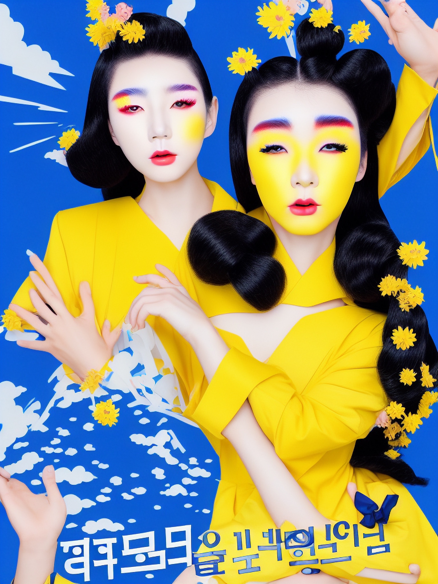 Two women in yellow outfits with bold makeup and elaborate hairstyles adorned with flowers, against a blue background.