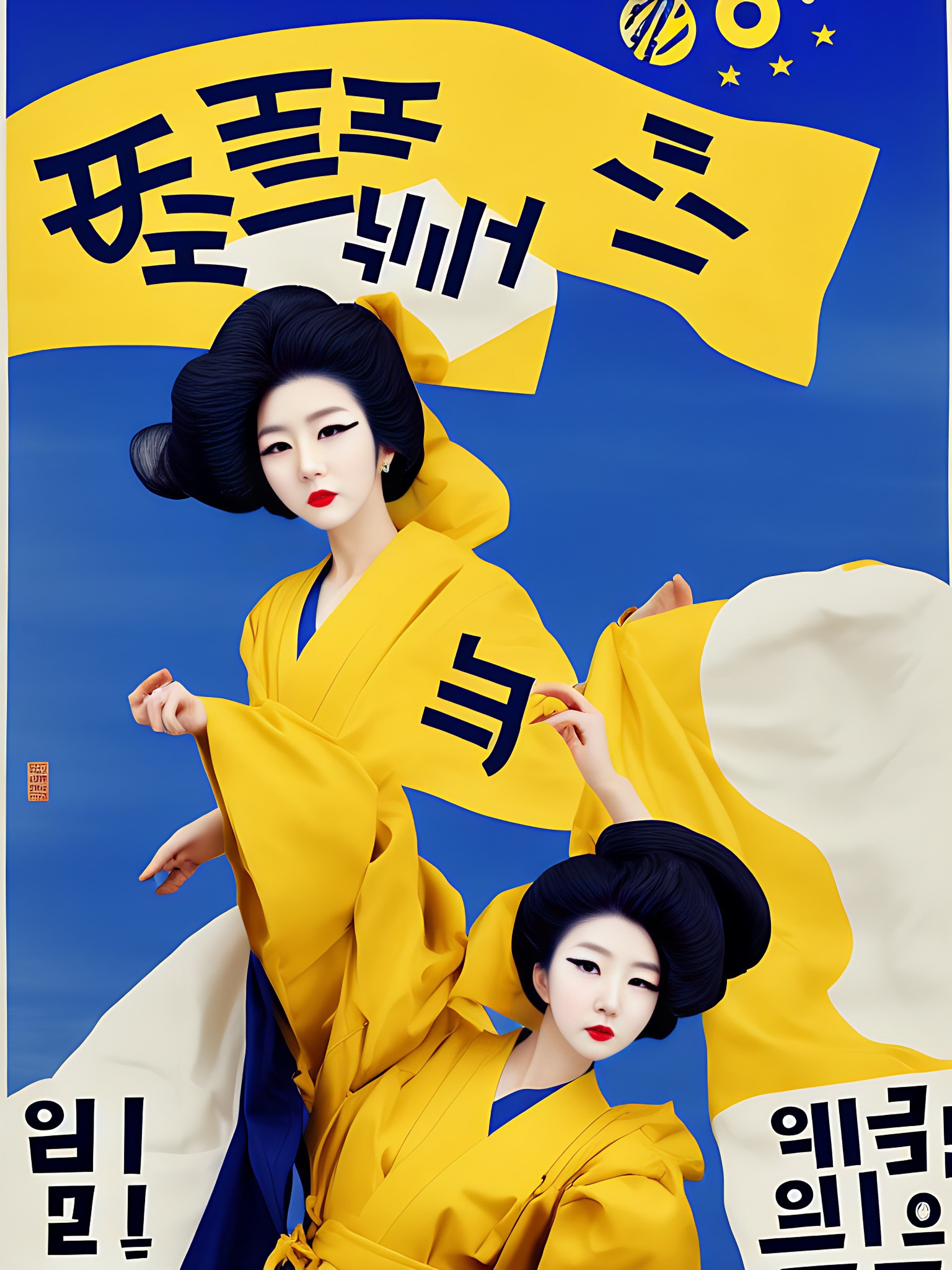 Poster featuring two models in yellow hanboks against a blue background with Korean text.