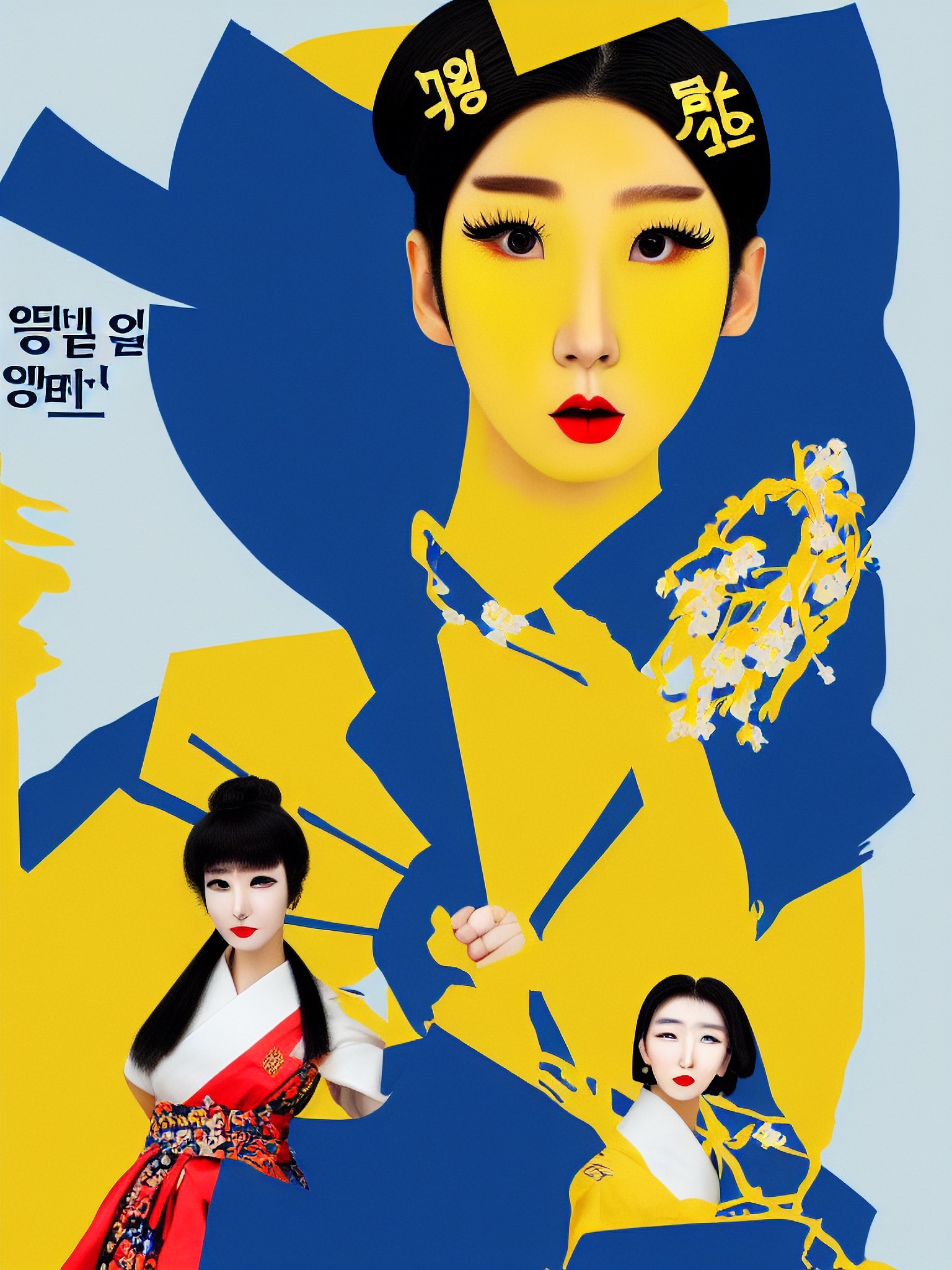 Poster featuring a stylized portrait of a woman in yellow and blue Hanbok, with Korean text.