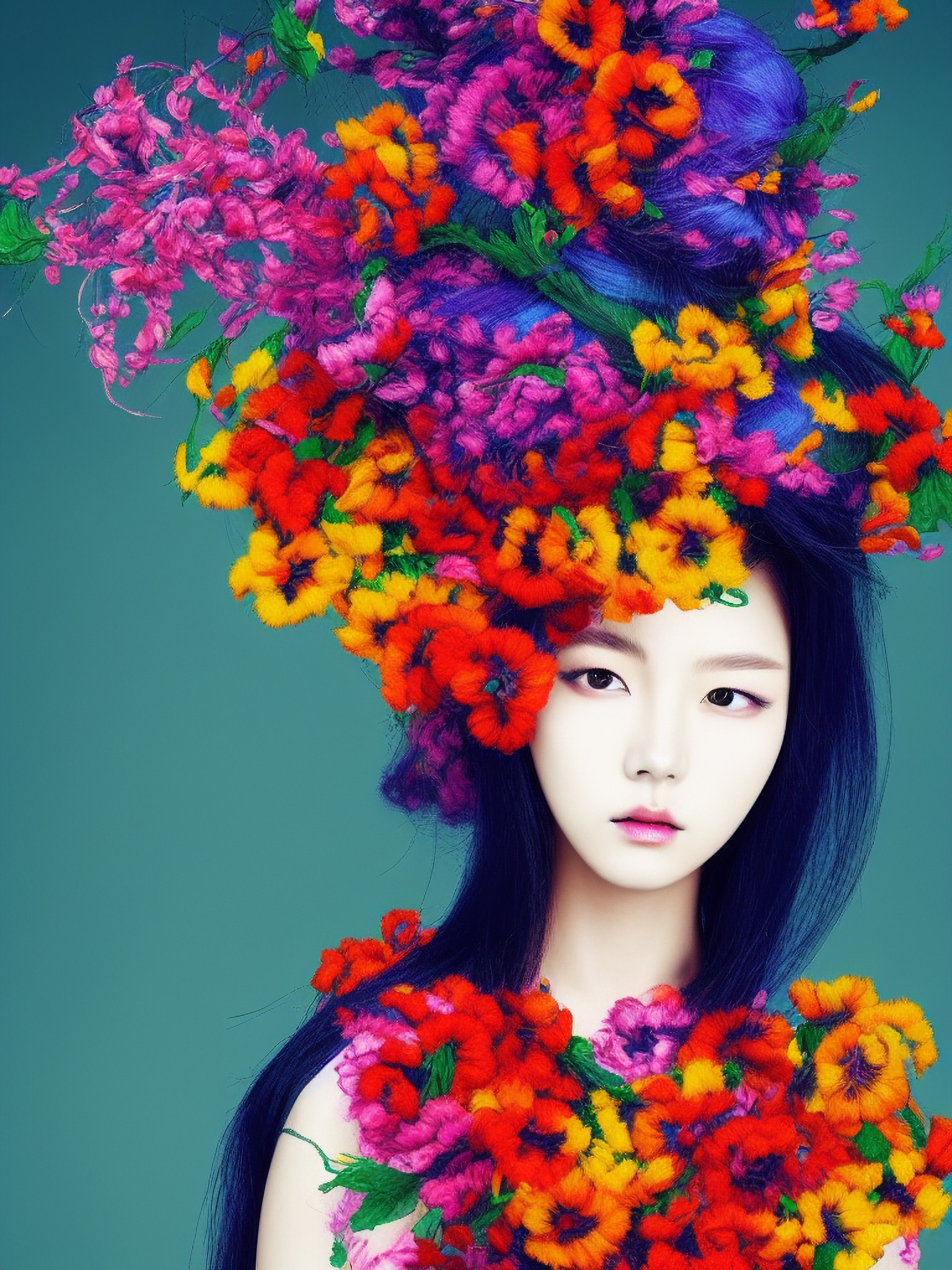 Portrait of a woman adorned with vibrant flowers.
