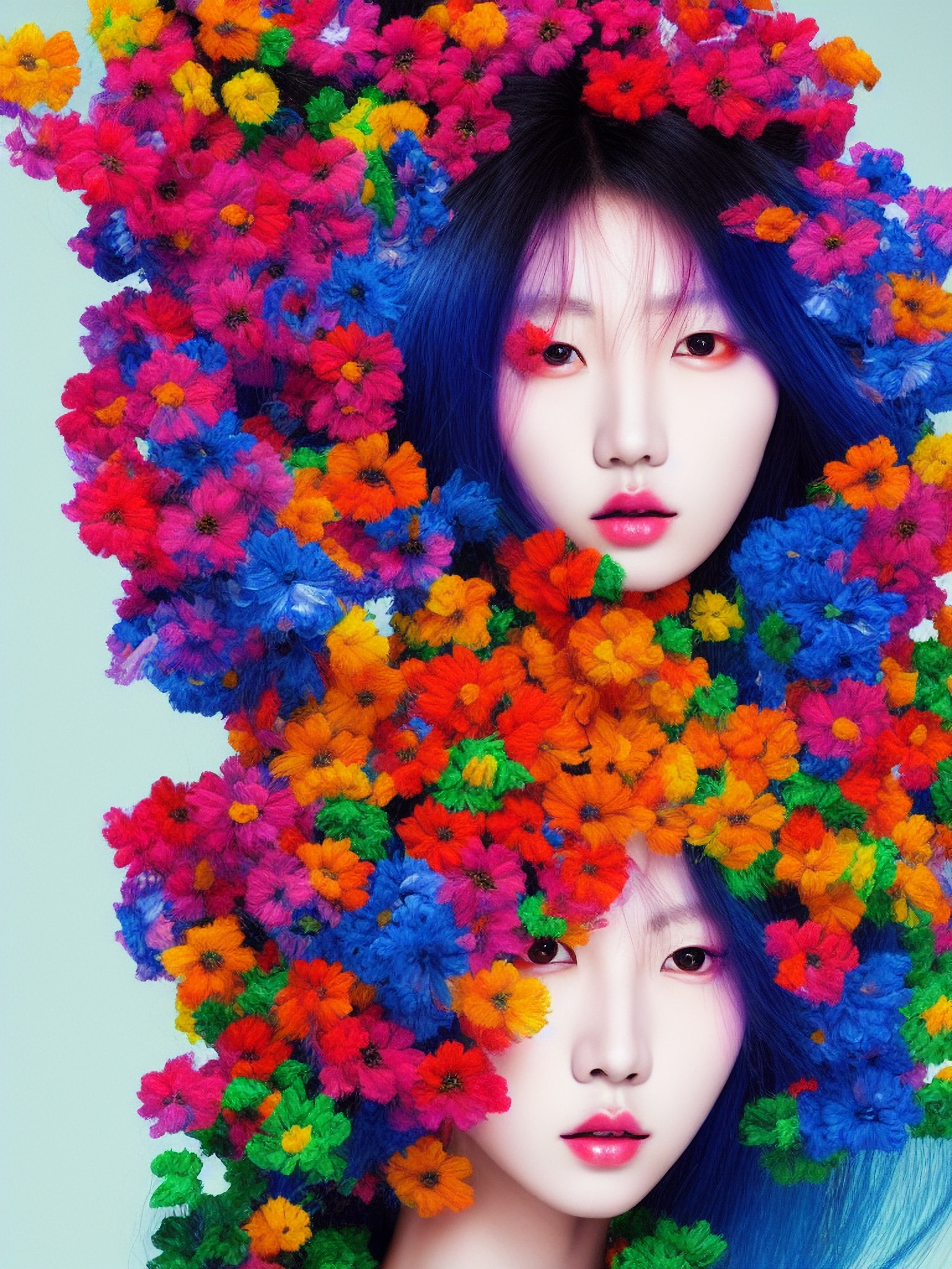 Two Asian women with vibrant blue hair surrounded by colorful flowers.