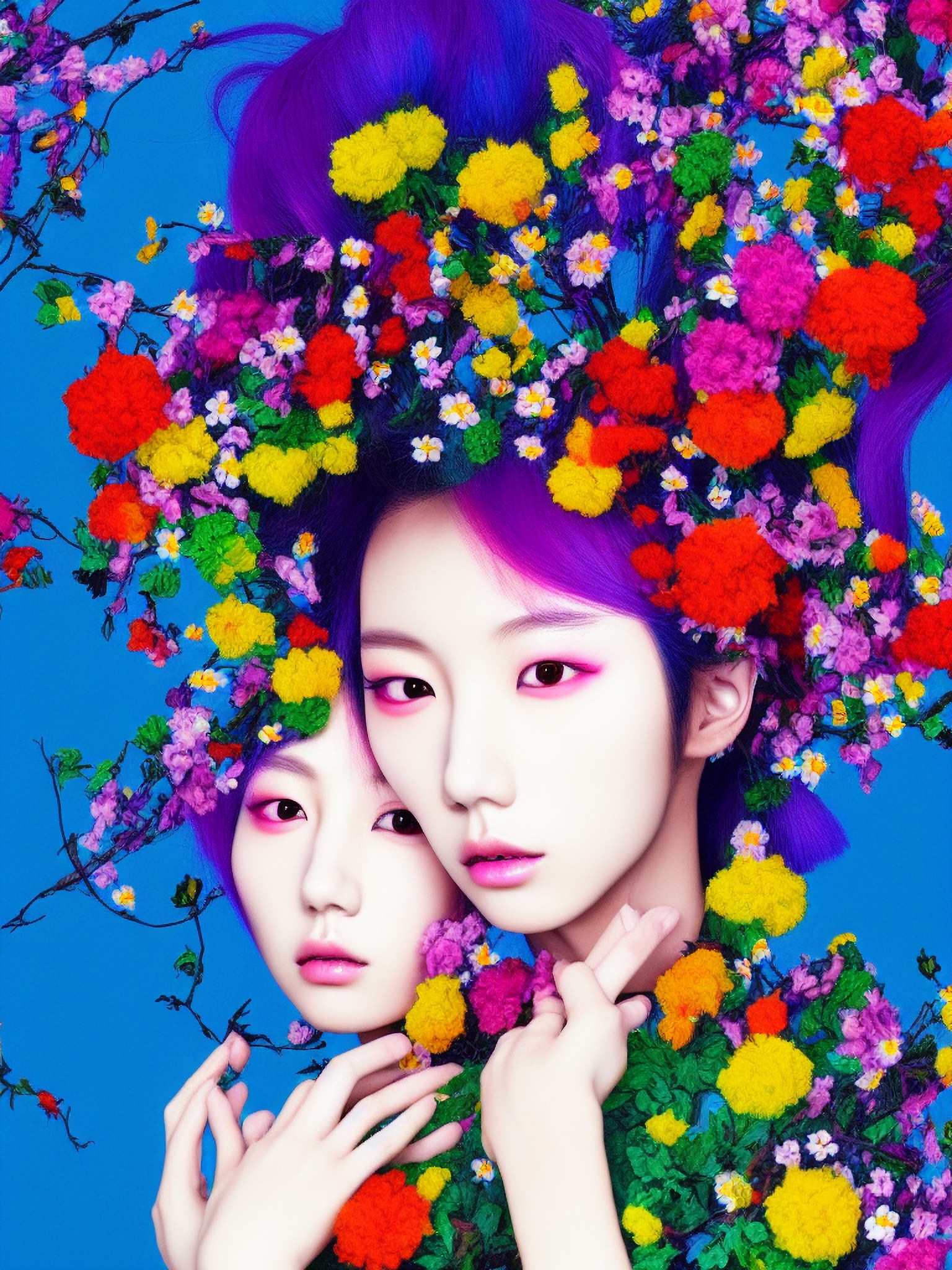 Two Asian women with vibrant purple hair adorned with colorful flowers against a blue background.
