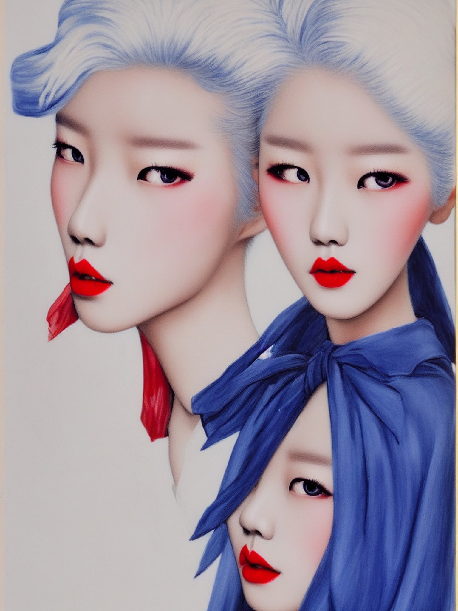 Portrait painting of three Korean women with pale skin and red lips, two with light blue hair, one partially obscured by a blue scarf.