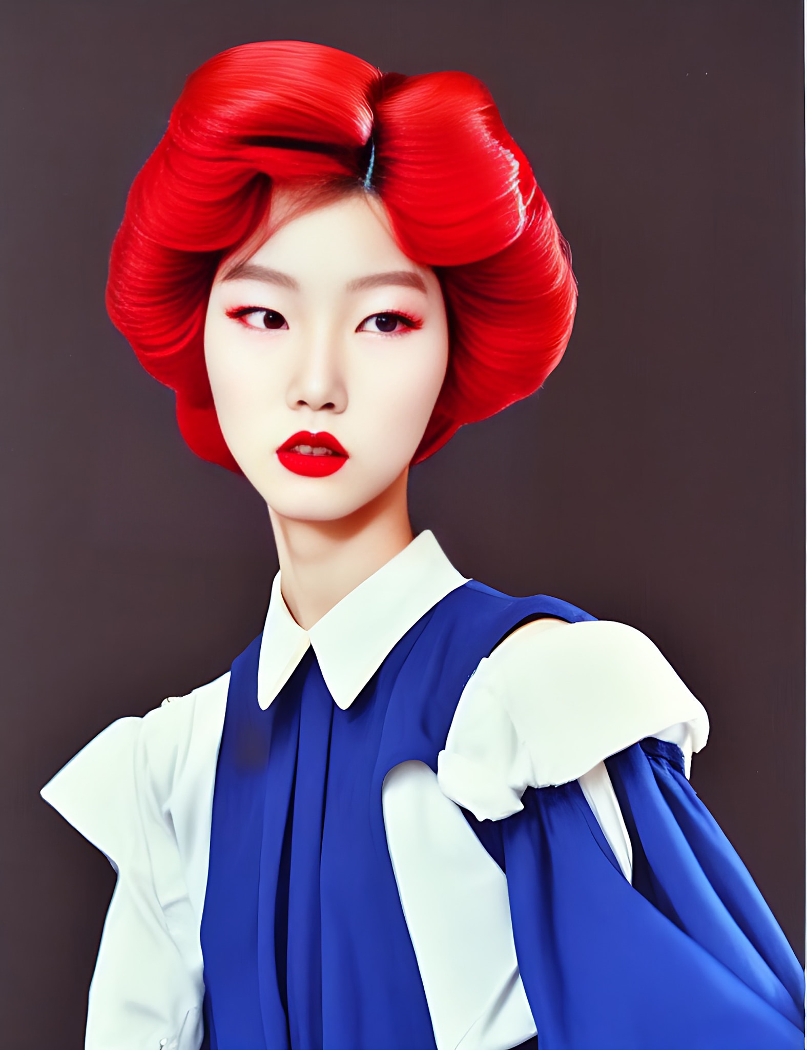 Portrait of a Korean model with vibrant red hair styled in a large updo, wearing a blue and white collared dress.