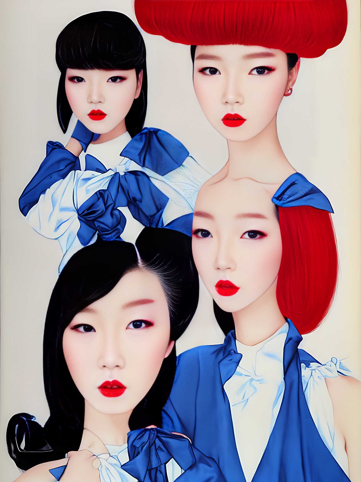 Baroque-style portrait collage of a Korean model with red and blue accents.