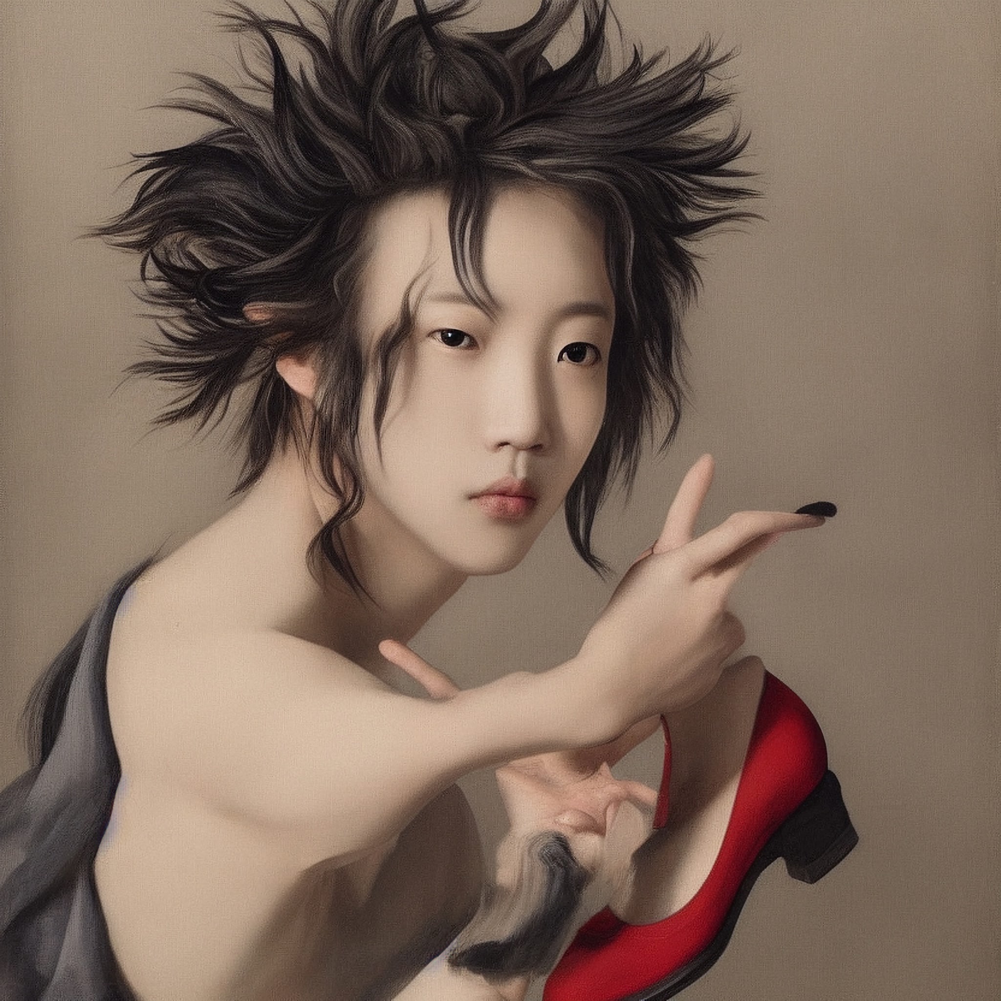 Portrait of a person with spiky dark hair holding a red high-heeled shoe.