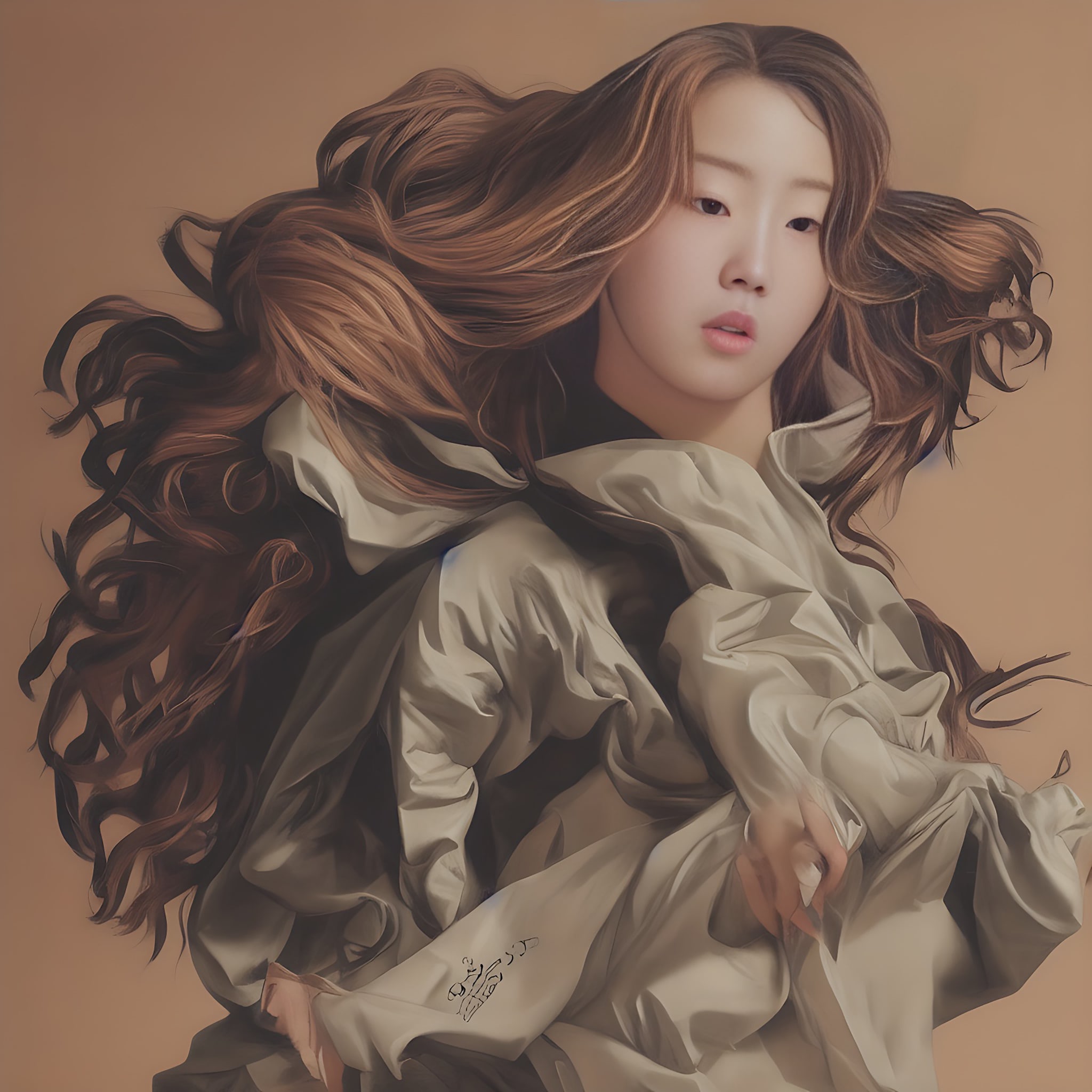 Digital painting of a woman with long brown hair wearing a beige, flowing garment.