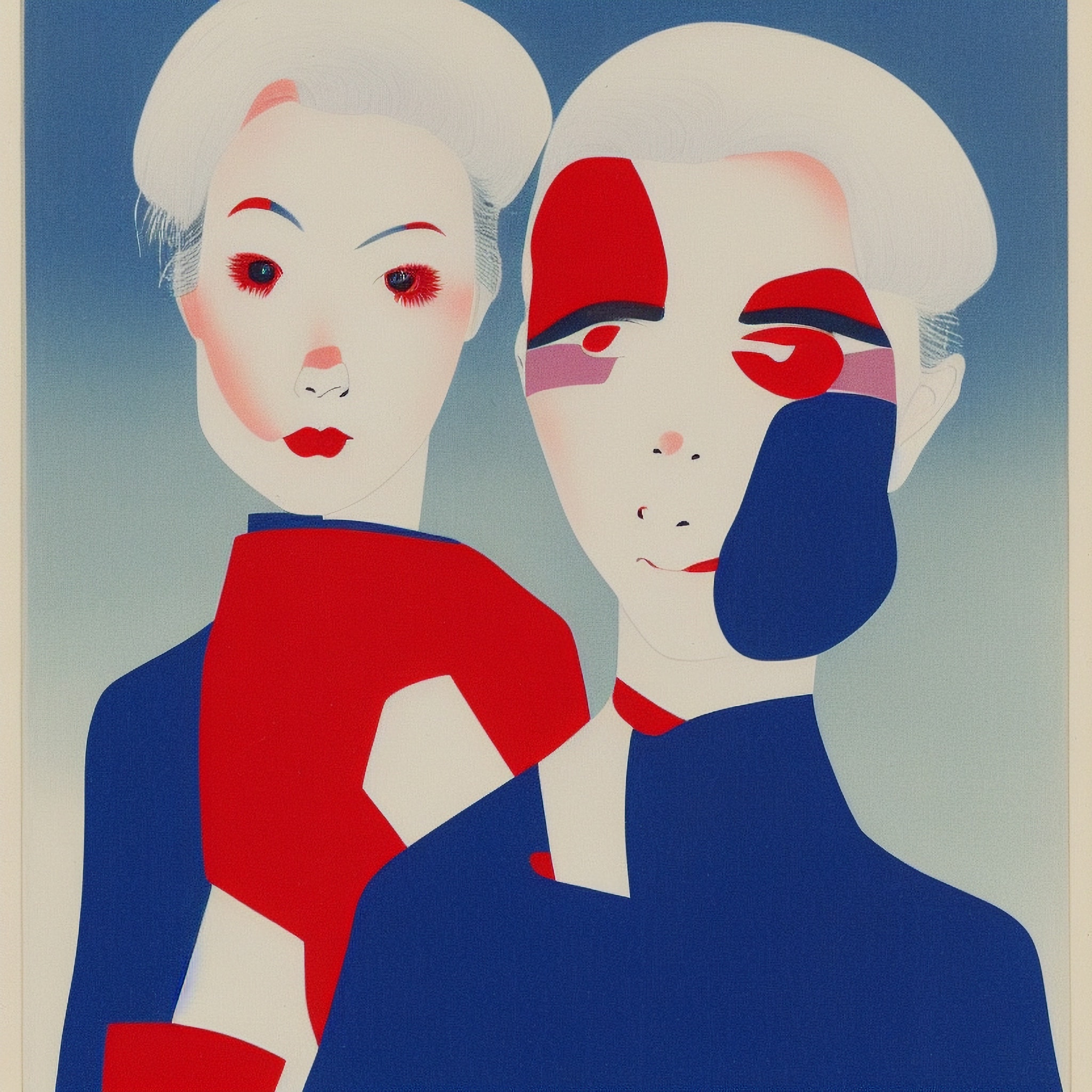 Stylized portrait of two women in red and blue, Bauhaus style.